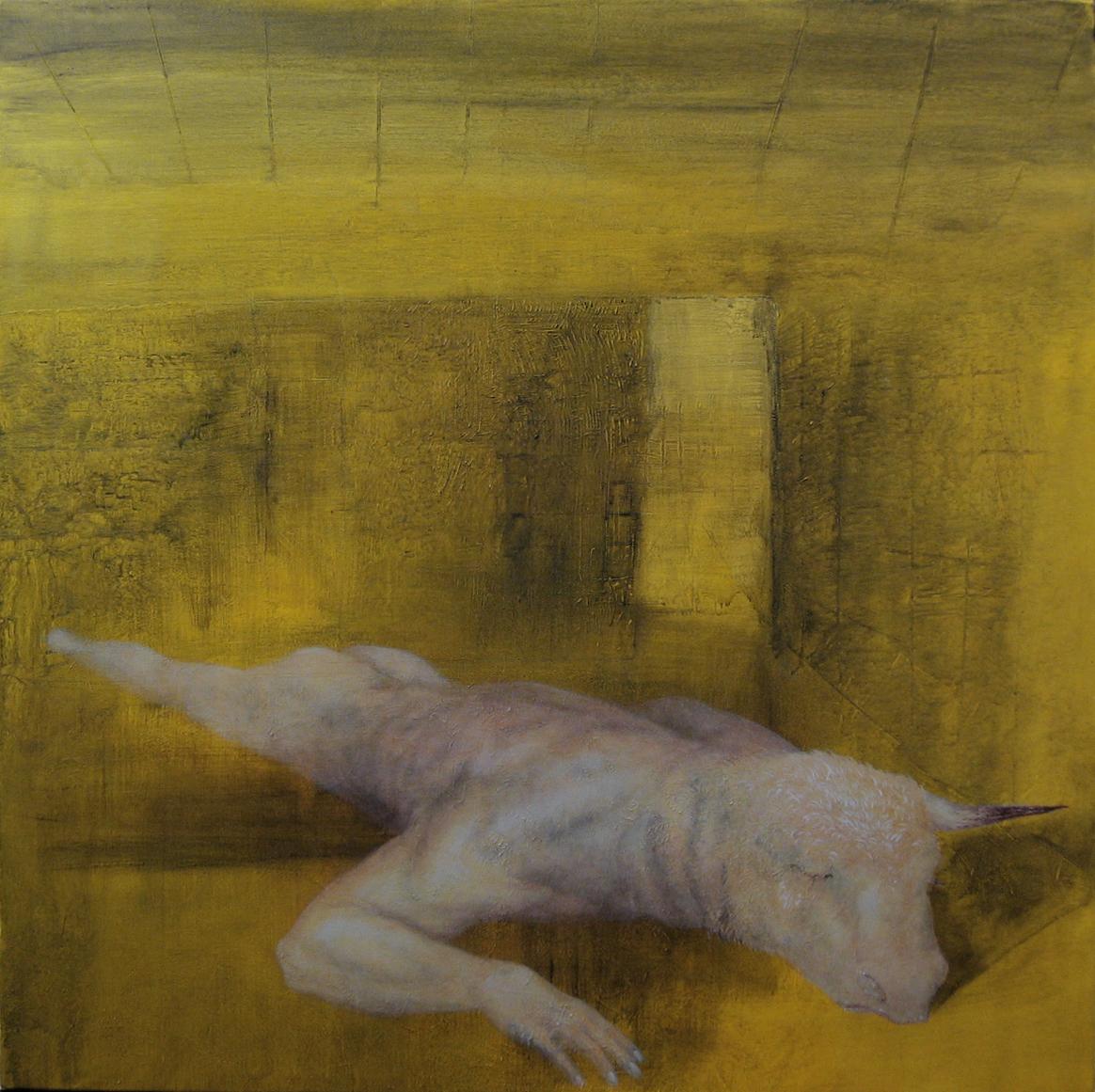Figurative Painting Alexandru Rădvan - Sulphur - 21e siècle, jaune, minotaure, art figuratif, mythe, contemporain