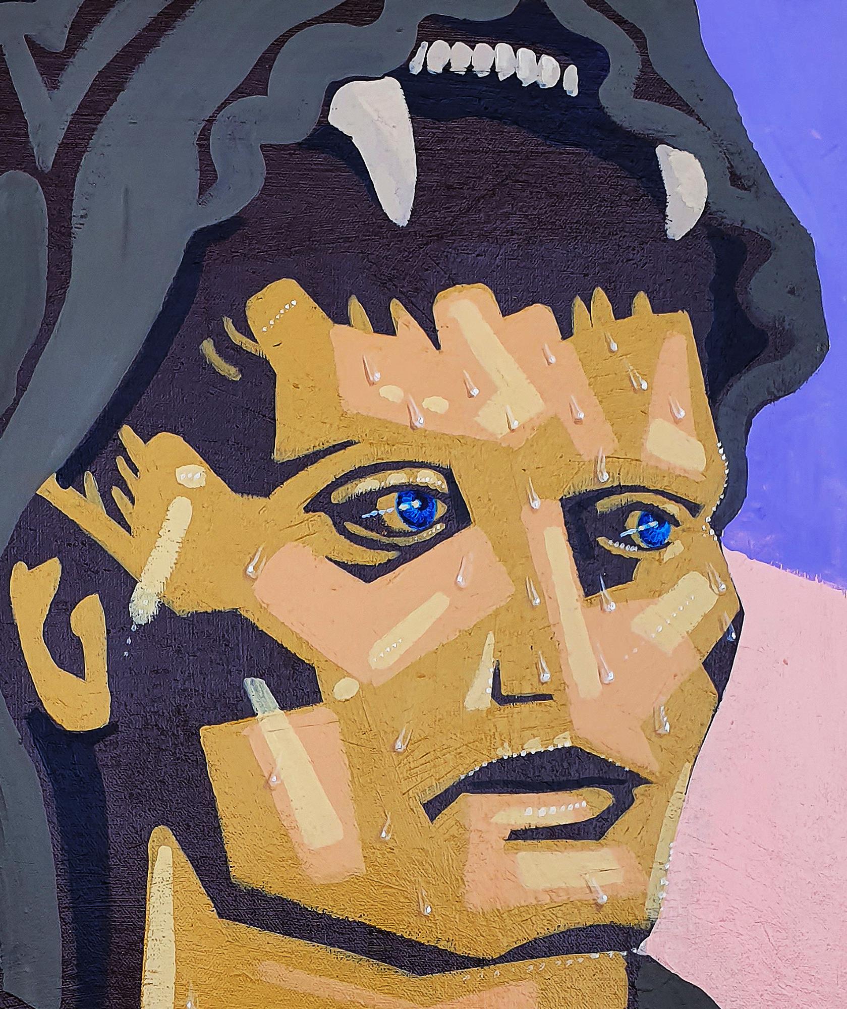 Sweating Hercules - 21st Century, Hero, Warrior, Lion, Yellow, Pink, Blue Eyes - Painting by Alexandru Rădvan