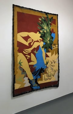 Le dieu, la nymphe - Contemporain, nu, jaune, marron, bleu, figuratif