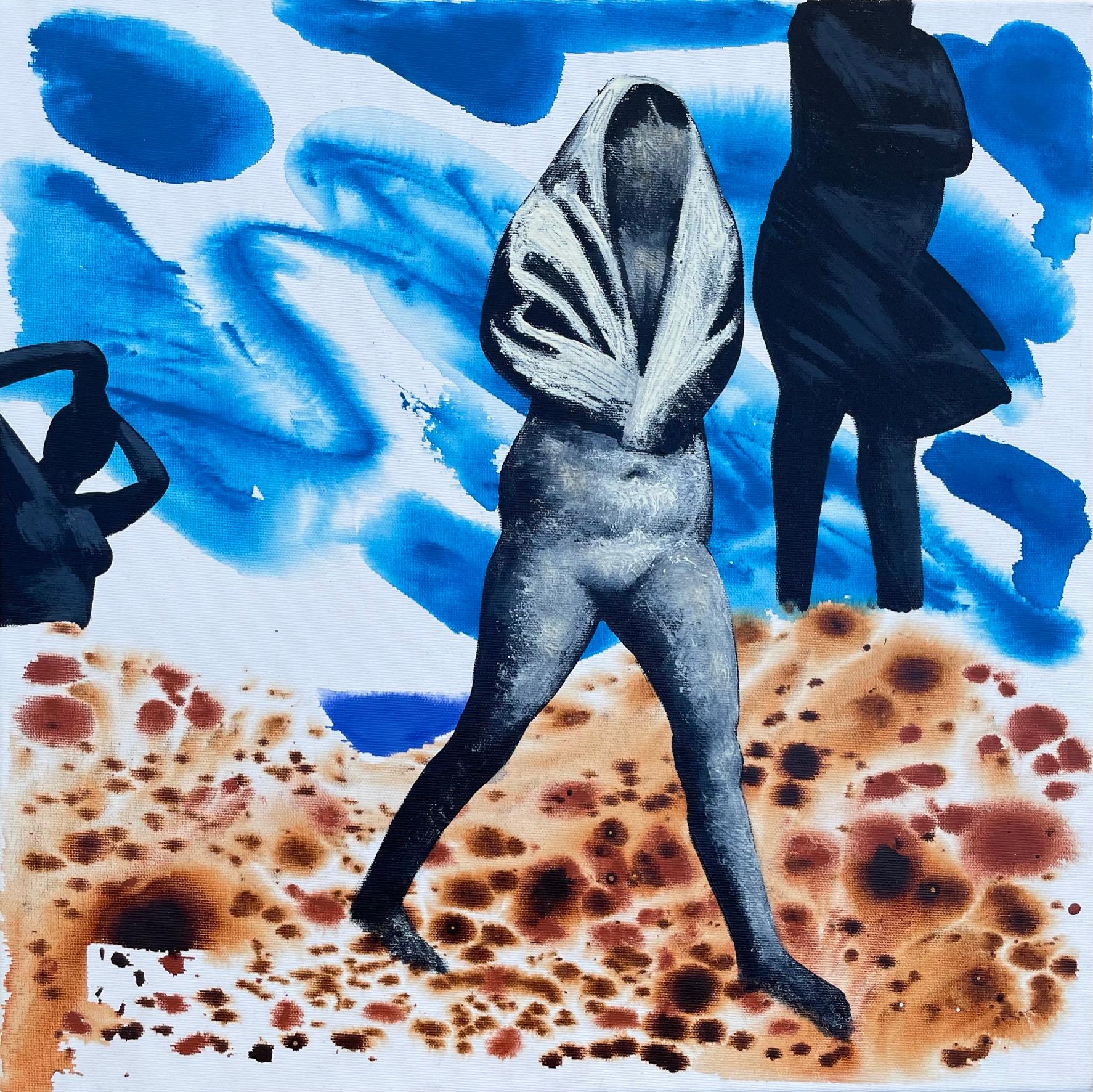 Alexandru Rădvan Nude Painting - Three Women - Contemporary Art, Blue, Nude, Female, Summer, Sand, 21st Century