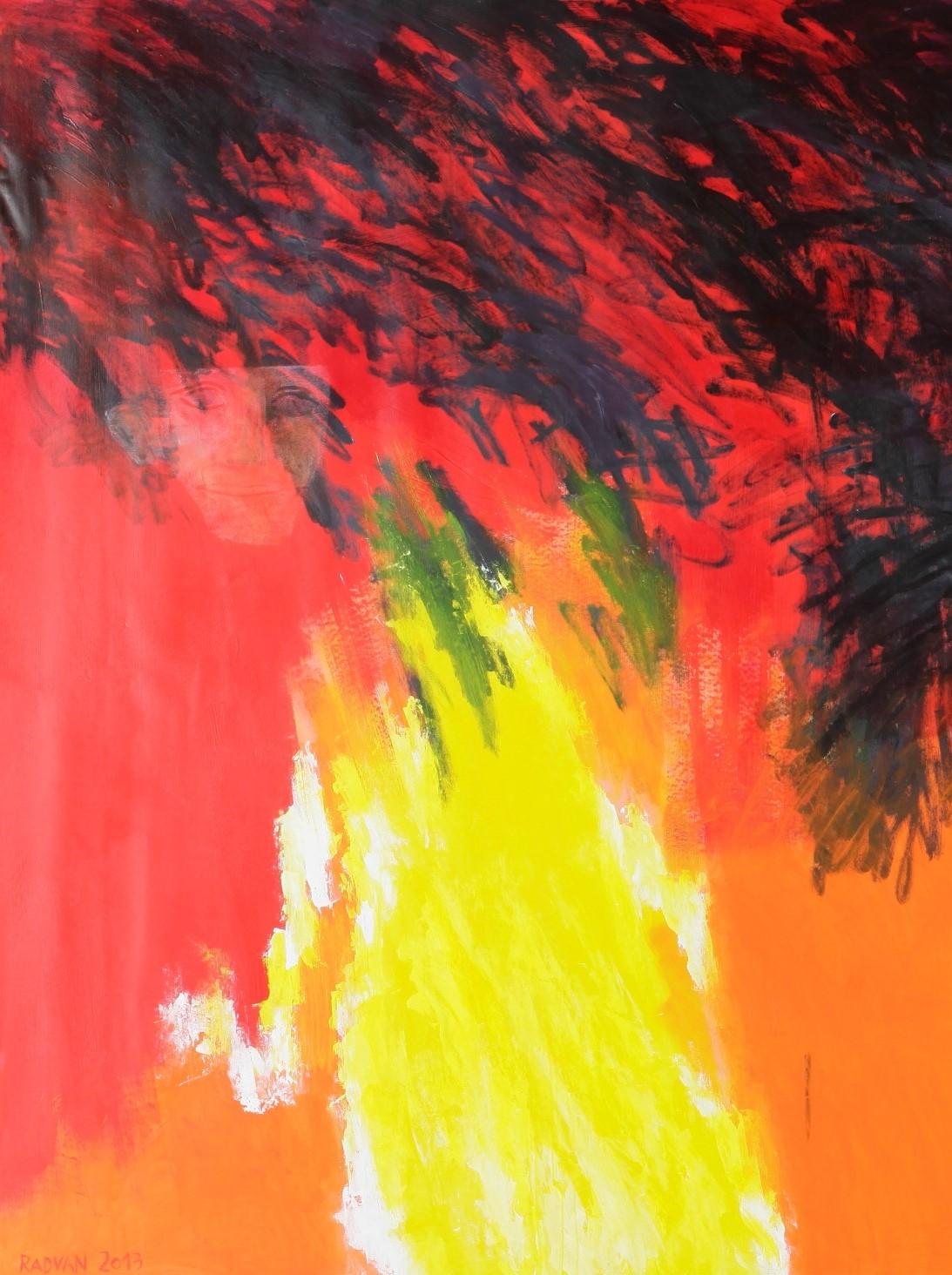 Zeitgenössisches, rotes, figuratives Gemälde, 21. Jahrhundert, Feuer, Gelb (Braun), Figurative Painting, von Alexandru Rădvan