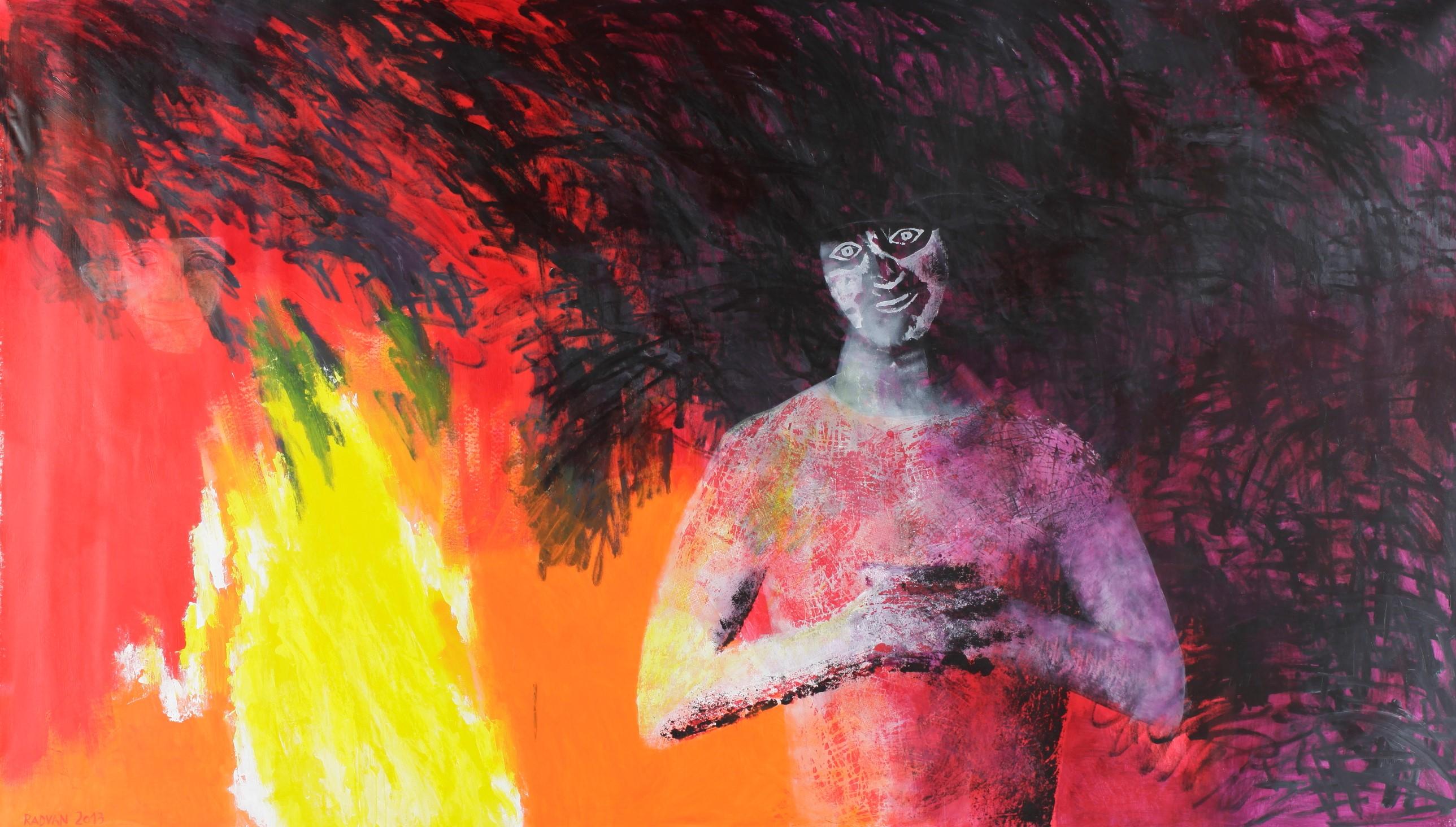 Two Friends - Contemporary, Red, Figurative Painting, 21st Century, Fire, Yellow
