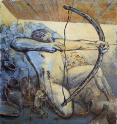 Ulysses at Home - 21st Century, Figurative Painting, Yellow, Bow, Warrior, Arrow