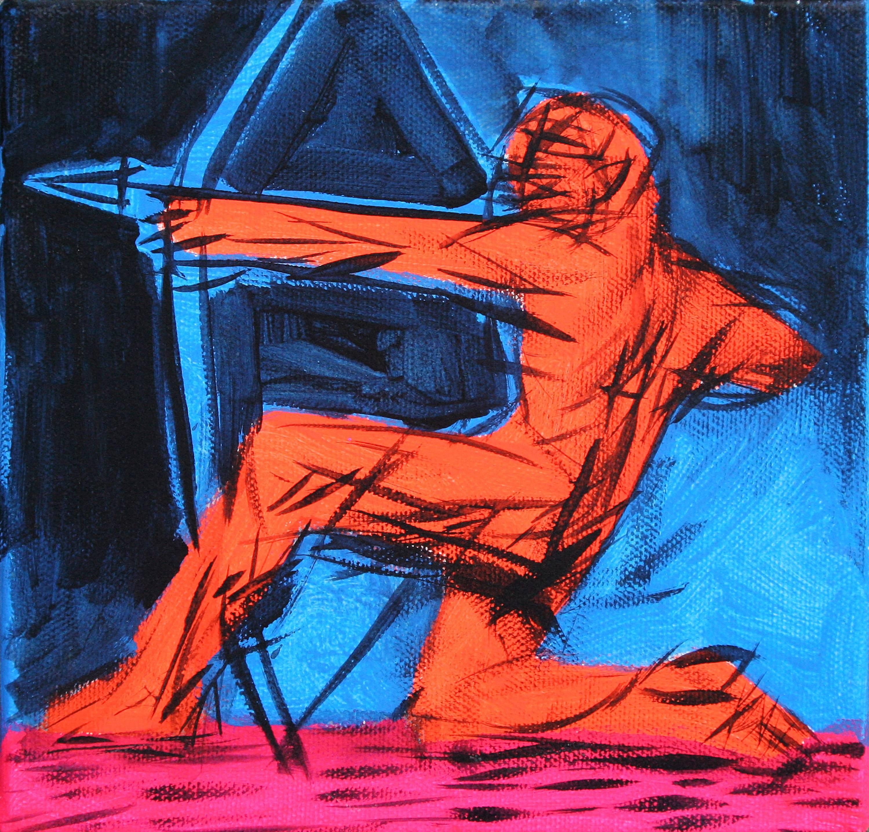 Alexandru Rădvan Figurative Painting – Ulysses I - Figuratives Gemälde, Krieger, Pfeil, Blau, Rot, Kleine Größe