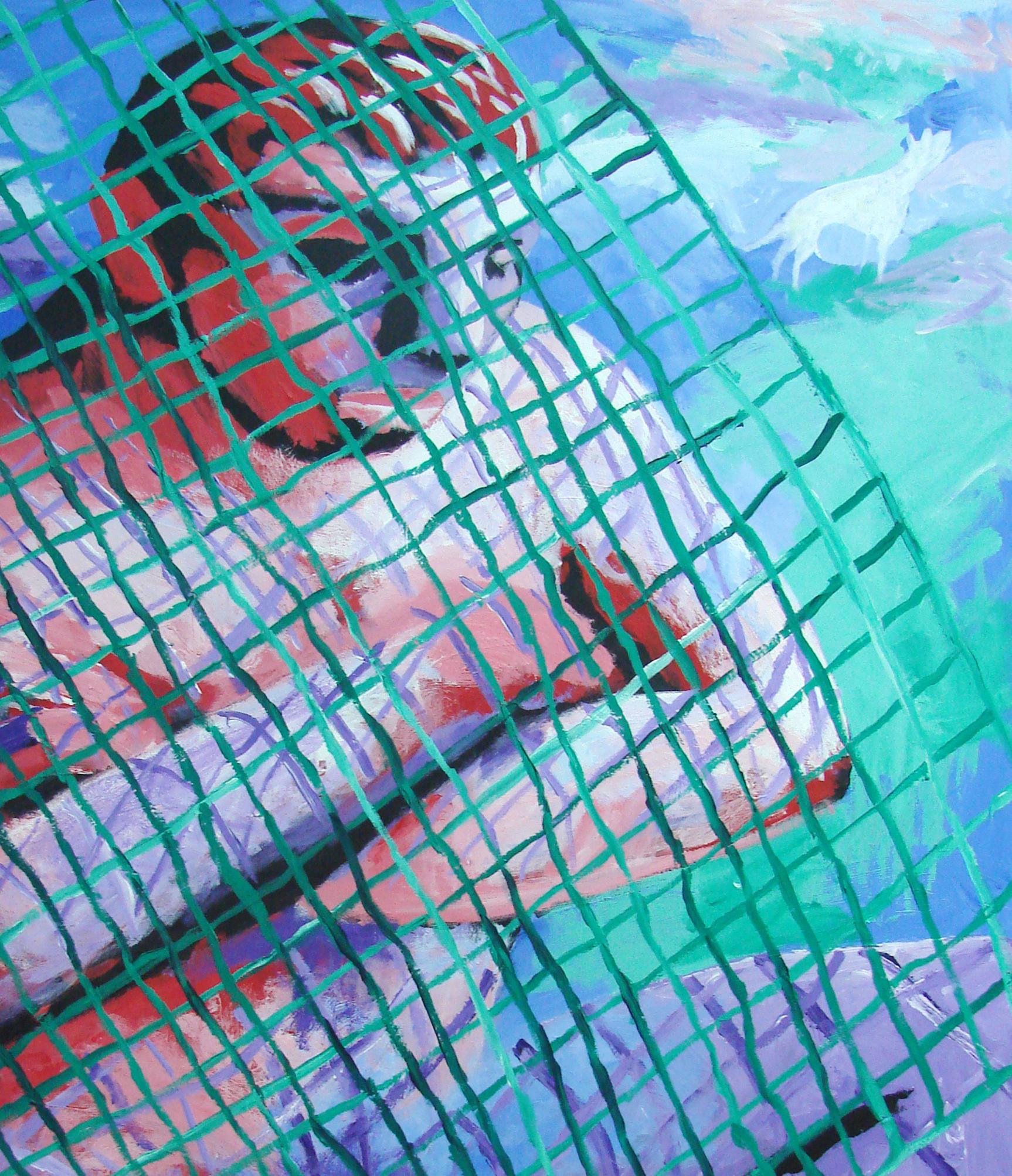 Sin título - Arte contemporáneo, Hombre, Desnudo, Arte figurativo, Humor, Verde, Violeta - Figurative Painting Azul de Alexandru Rădvan