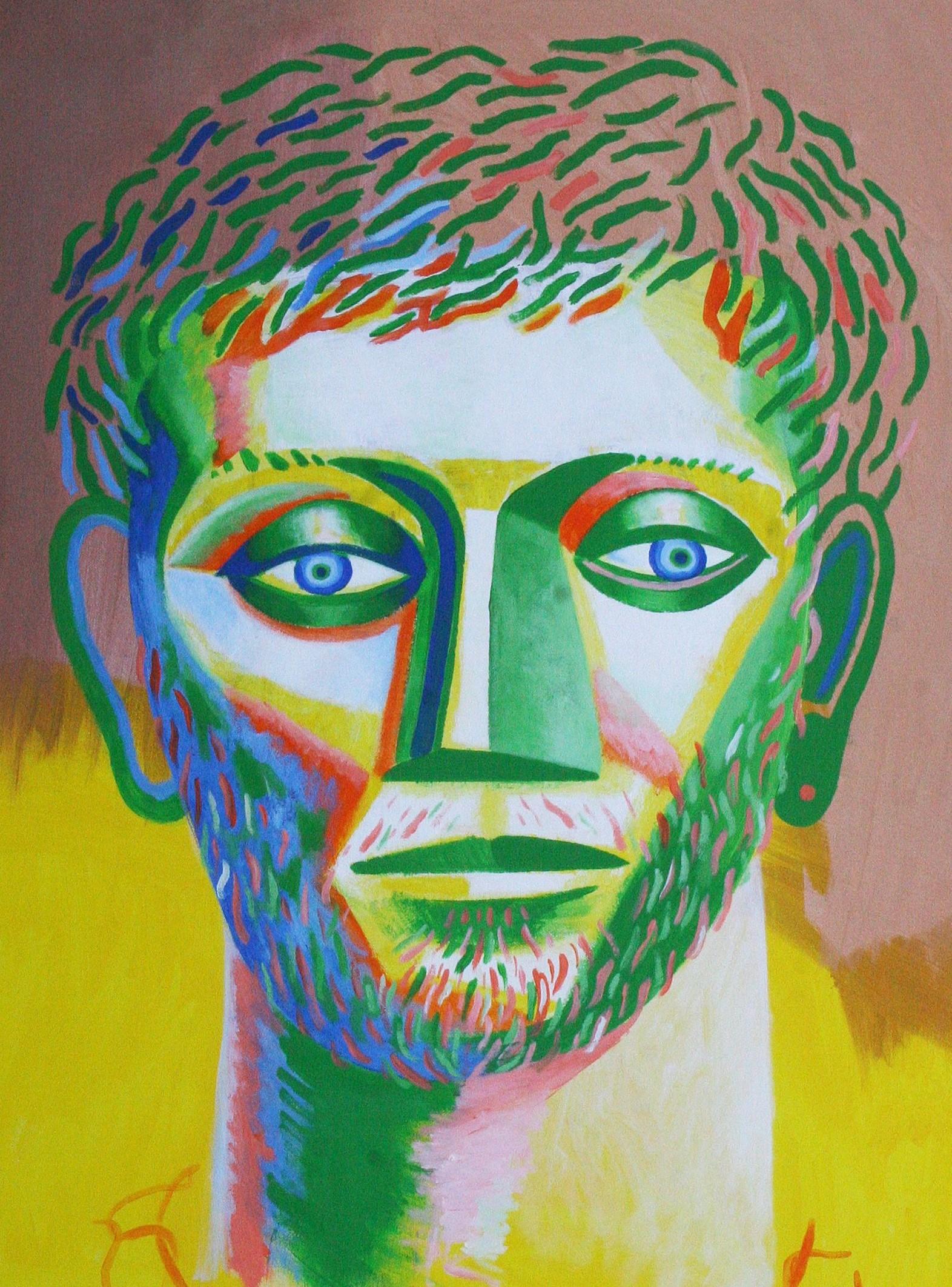 Ohne Titel - Zeitgenössische Kunst, Gelb, Grün, menschliches Porträt, männlich, 21. Jahrhundert – Painting von Alexandru Rădvan