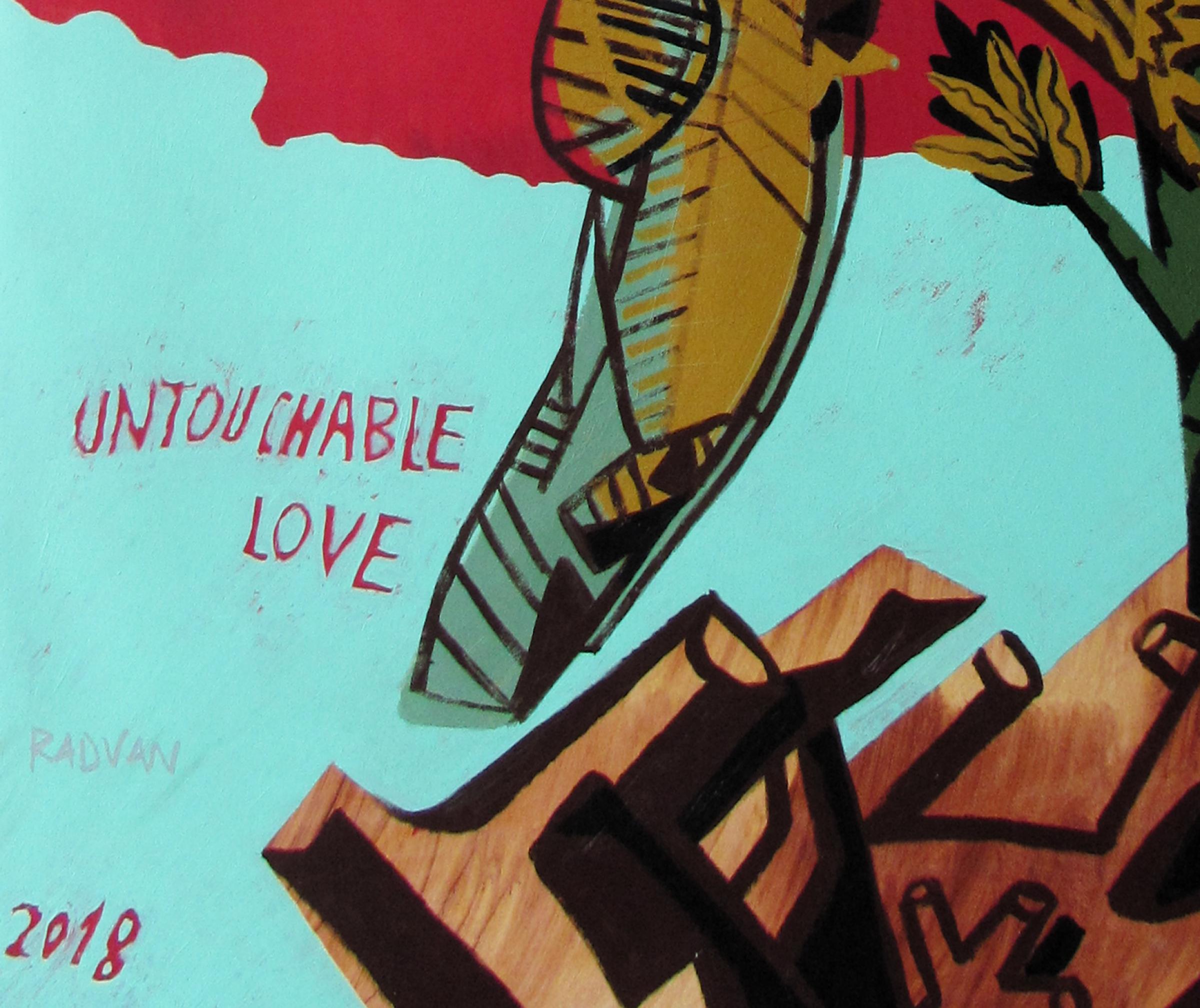 Untouchable Love - Peinture contemporaine, figurative, nu masculin, rouge, arbre en vente 1