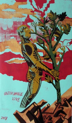 Untouchable Love - Peinture contemporaine, figurative, nu masculin, rouge, arbre