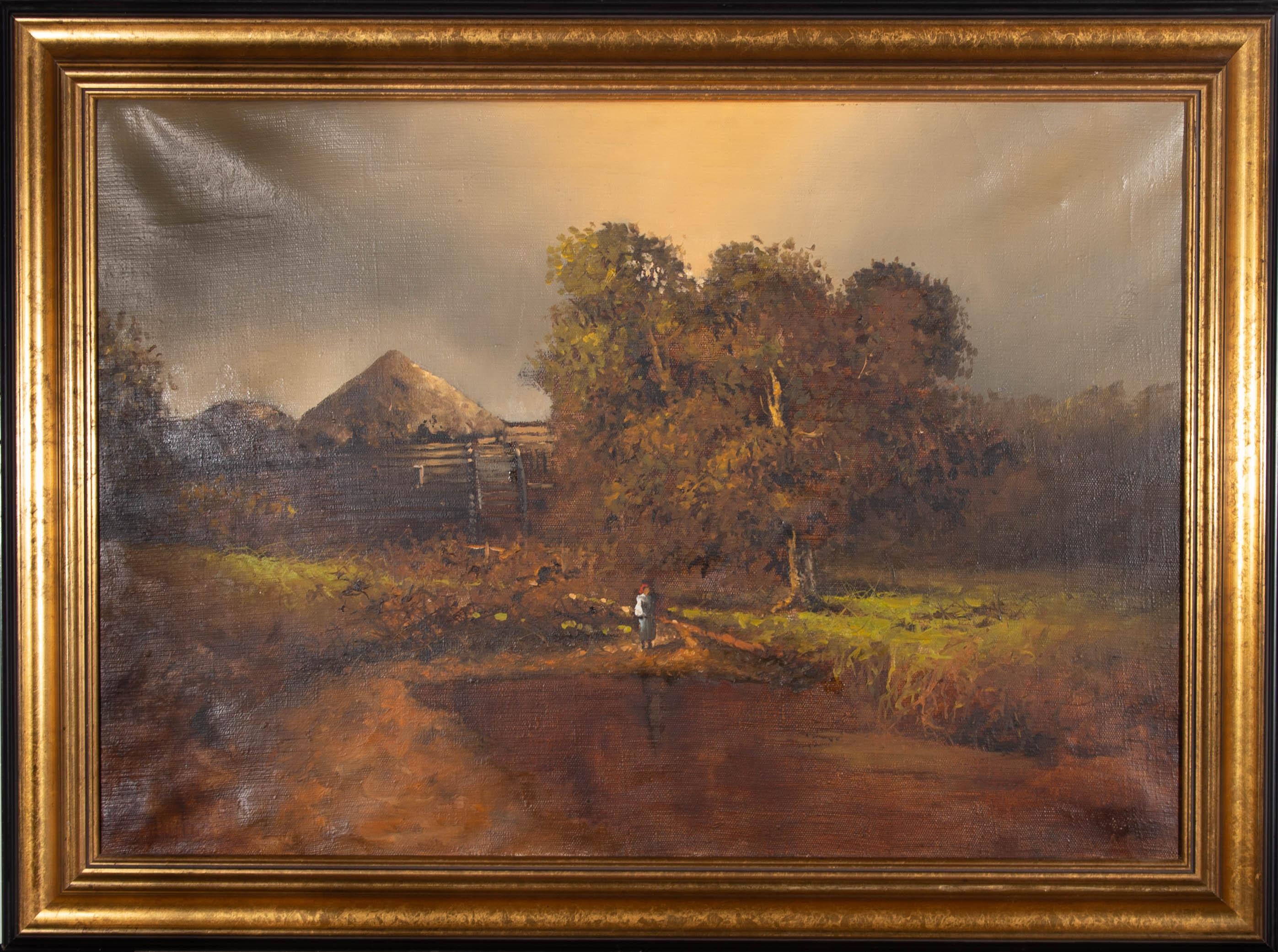 A charming oil painting, depicting an evening scene in the countryside with a figure by a pond and a cottage in the background. Signed to the lower right-hand corner. The title, date and artist's name are inscribed in Cyrillic on the reverse.
