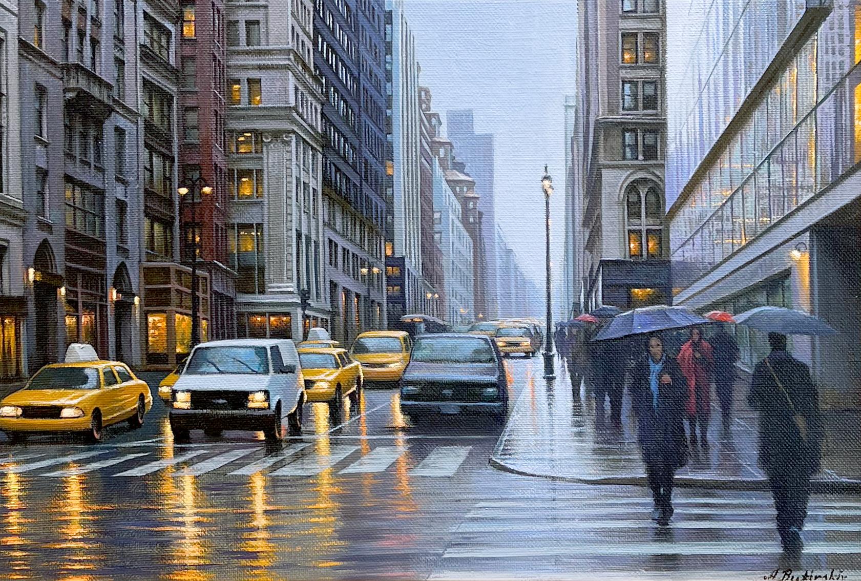 This piece, "N.Y. Cabbies", is a 14x20 landscape oil painting on canvas by artist Alexei Butirskiy featuring a view down a busy street in Manhattan, New York City on a rainy day. Pedestrians flock the sidewalks under soaked umbrellas while bustling
