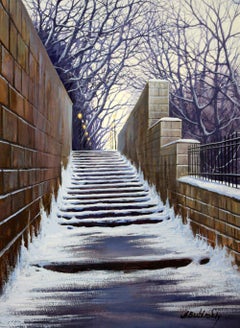 Alexei Butirskiy, „NY Metro“, 14x10 Urban NYC Snow Steps Cityscape Aquarell