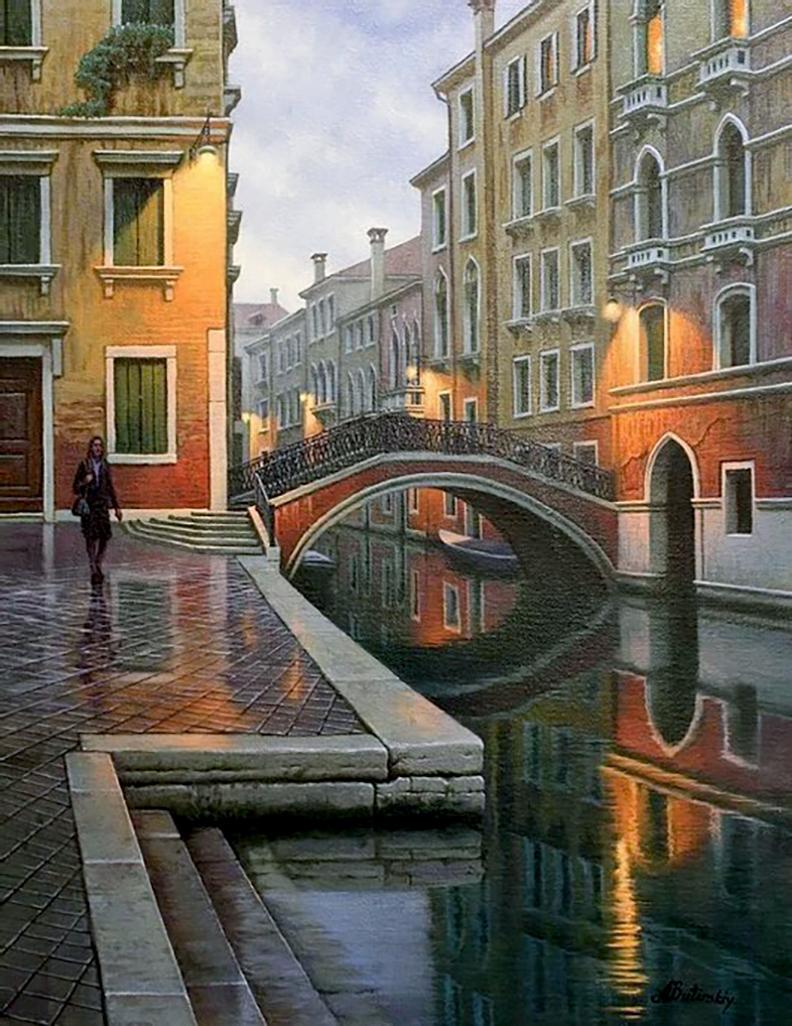Cette pièce, "Sound of Silence", est  Peinture à l'huile sur toile 26x20 de l'artiste Alexei Butirskiy représentant une vue sur un canal tranquille à Venise, en Italie. Le crépuscule commence à s'installer tandis que les lampes de la véranda