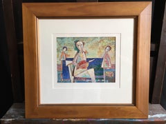 Pittura ad olio surrealista di un musicista, firmata