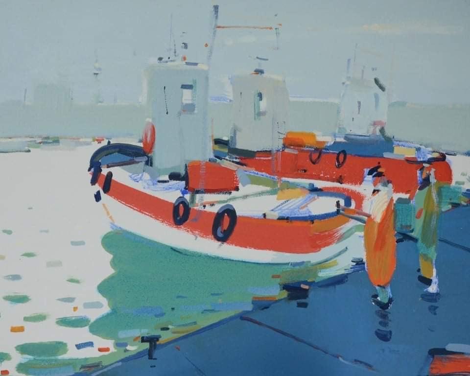 Fishermen (boats, sea port) - abstract seascape, made in blue, red, white color