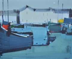 Morning in Honfler (boats, sea port) - abstract seascape, made in blue color