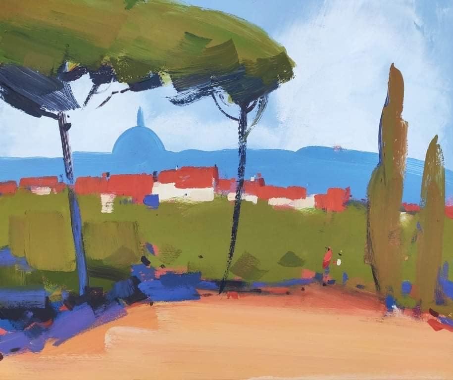 Park in Florence - abstract seascape, made in blue, red, green, orange color