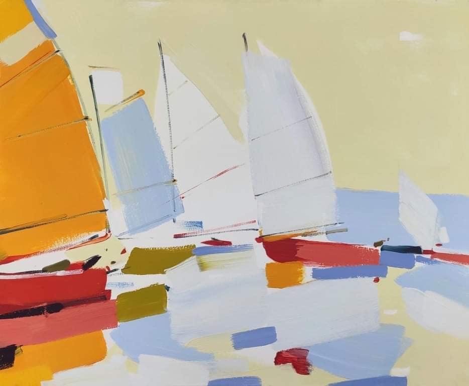 Regatta (boats, sea port) - abstract seascape, made in orange, yellow,blue color