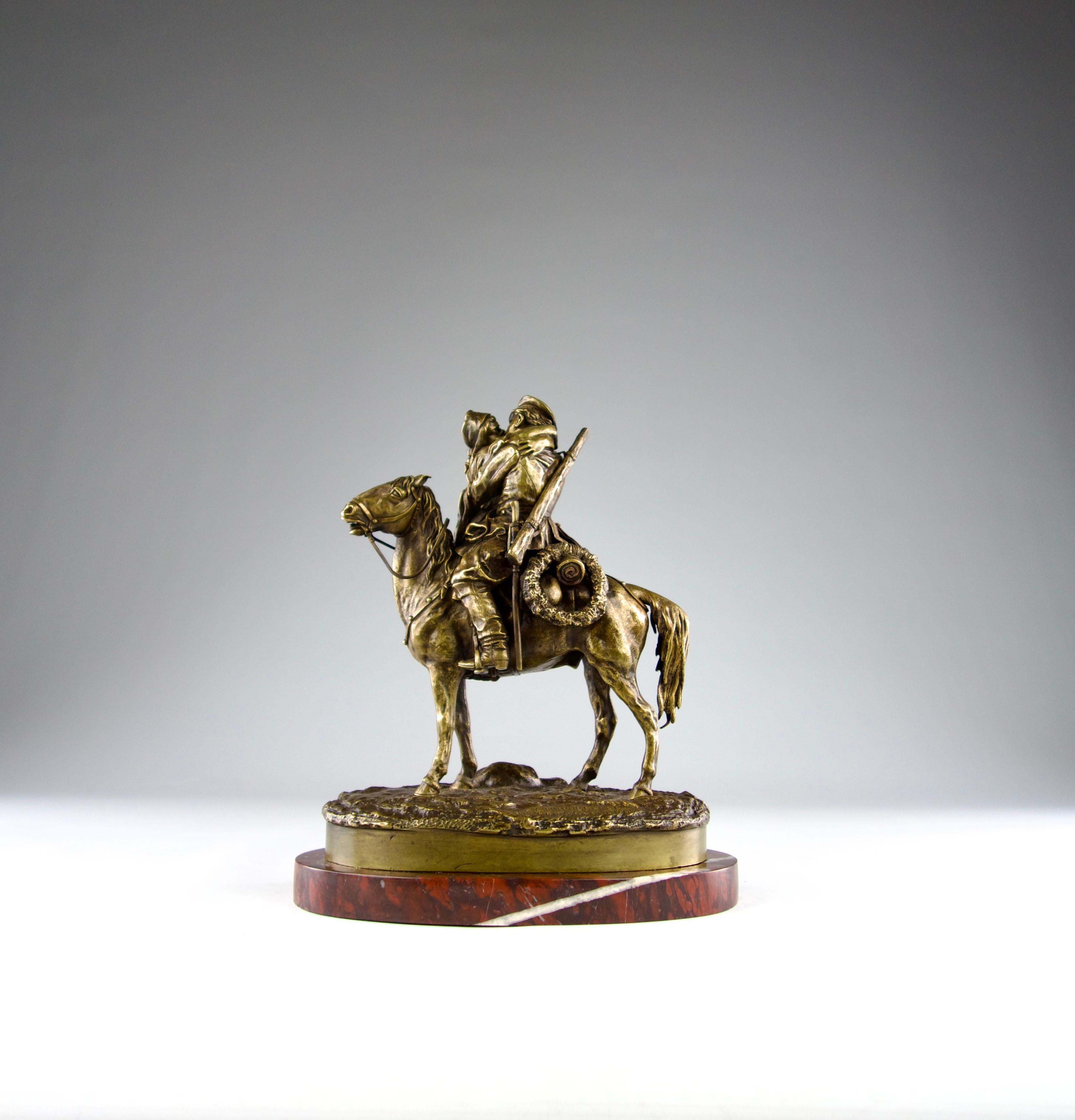 Superb gold patina bronze sculpture on a griotte marble base of a cossack on horseback and military garb embracing a woman. By Alexei Petrovitch Gratchev, Russia 19th century. Signed by the artist and foundry 