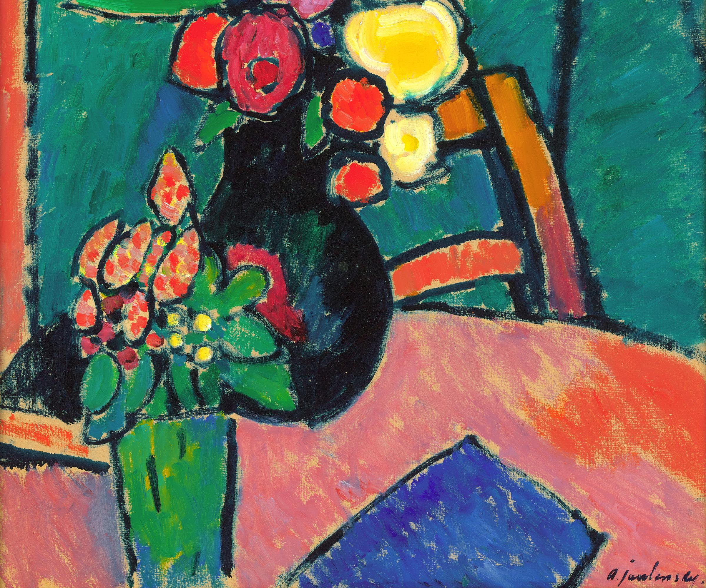 Alexej von Jawlensky
Russian  1864-1941

Blumenstilleben (Still Life with Flowers)

Signed ‘a. jawlensky.’ (lower right)
Oil on canvas board

This stunning floral still life is the work of esteemed Expressionist artist Alexej von Jawlensky. Fondly