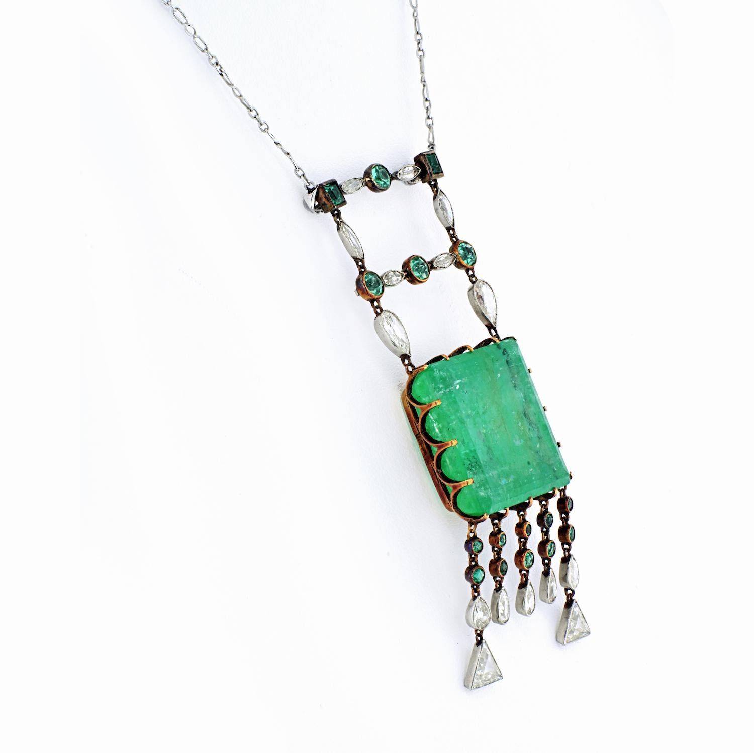 Rare and Exceptional Russian Diamond-Set Gold, Platinum and Emerald Pendant Necklace by 
