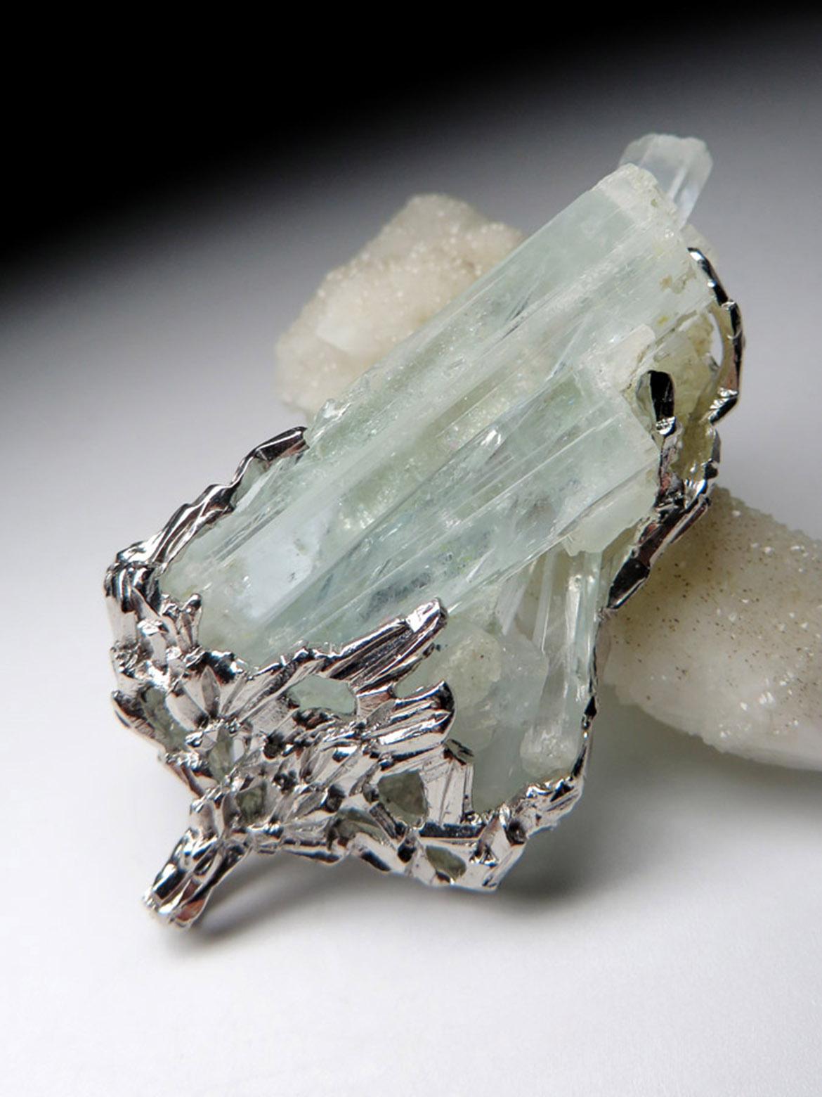 Alexey Gabilo Aquamarine Crystals Silver Necklace Raw Uncut Gem Natural Blue For Sale 3
