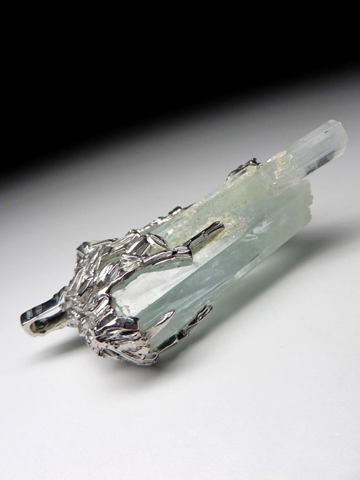 Alexey Gabilo Aquamarine Crystals Silver Necklace Raw Uncut Gem Natural Blue For Sale 9