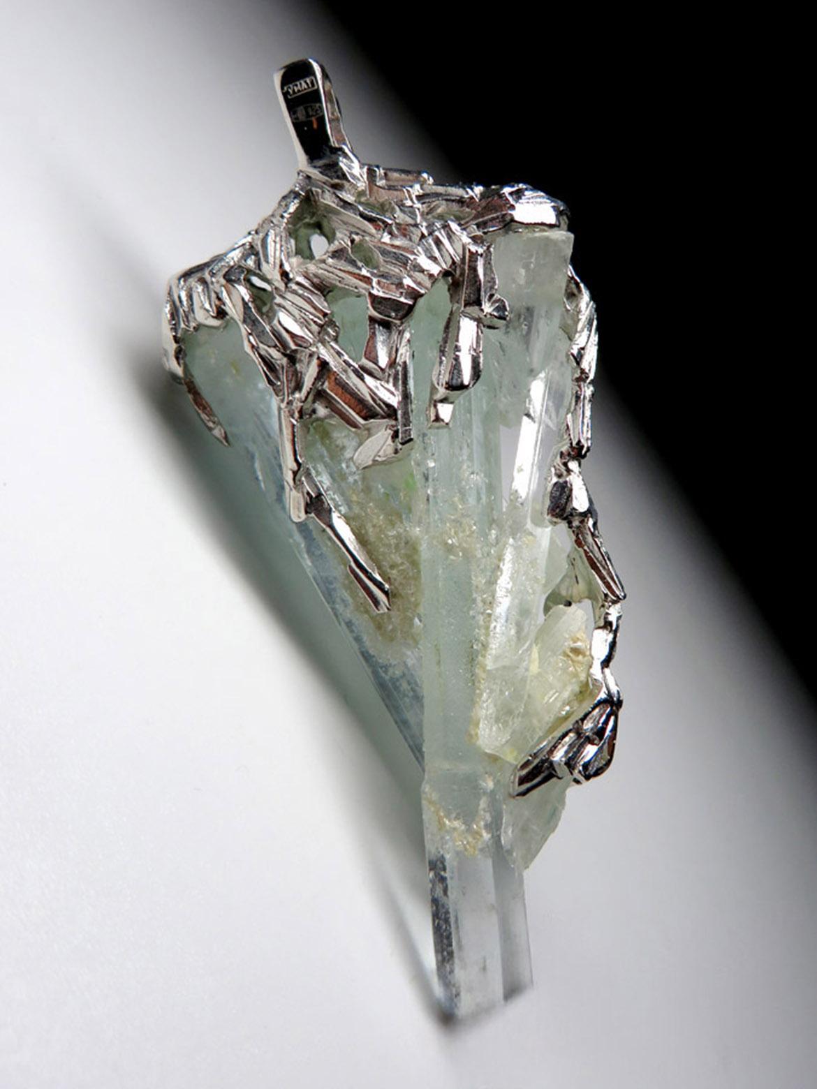 Artisan Alexey Gabilo Aquamarine Crystals Silver Necklace Raw Uncut Gem Natural Blue For Sale