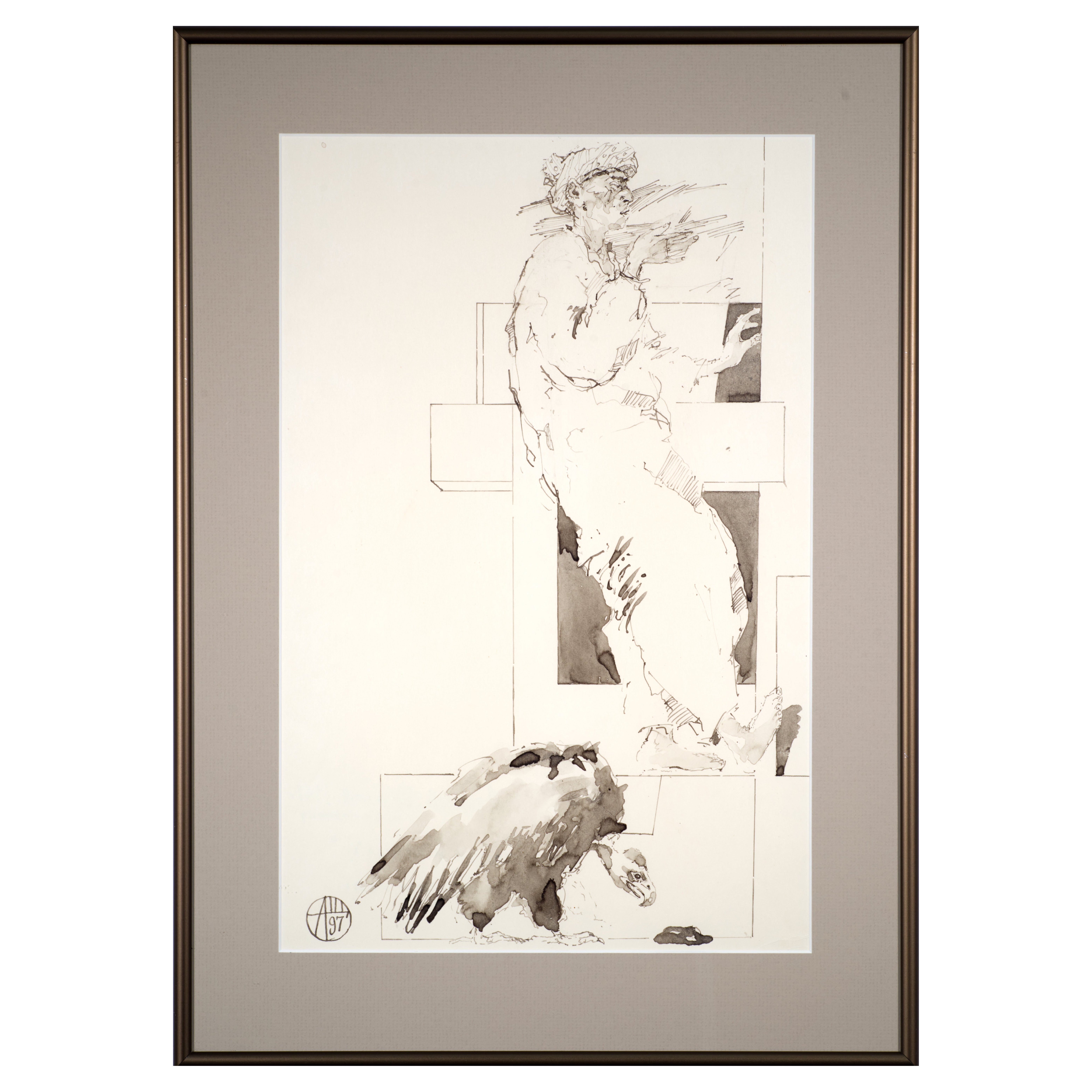 Gerahmtes Original-Aquarell von Alexey Scherbakov, Mann mit Raven im Angebot
