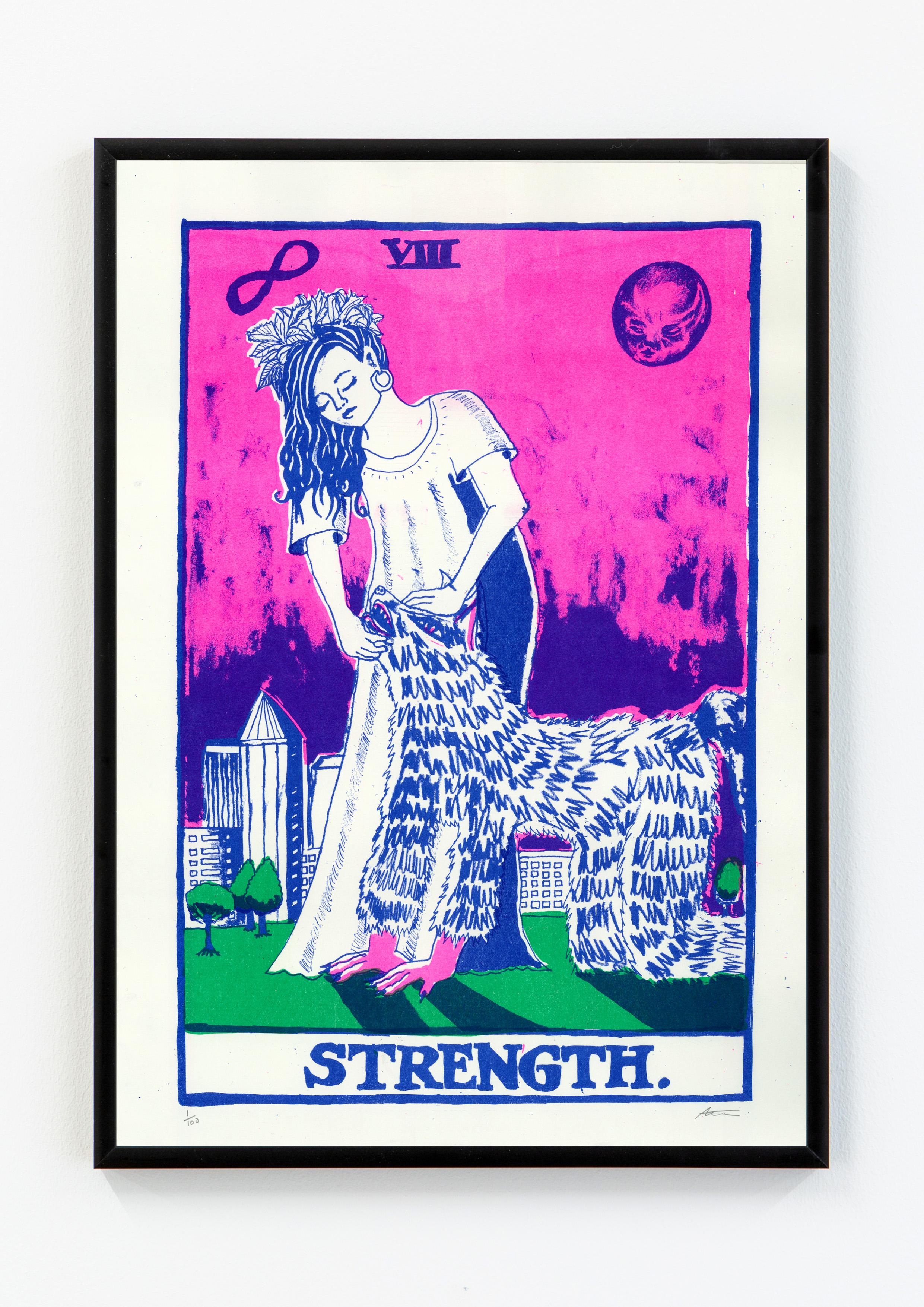 Alexi Marshall

Strength, 2021

Risograph print on Olin natural white 170gsm paper

42 x 29.7 cm (A3)

Edition of 100

Signed and numbered by the artist

Sold unframed

This piece is a reimagining of the Major Arcana tarot card from the rider-Waite