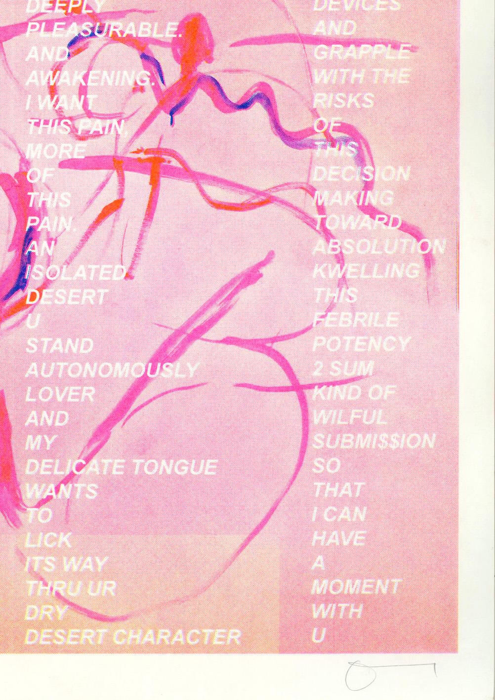 Olivia Strange

Wilful Submission ii, 2021

Risograph print on Olin natural white 170gsm paper

42 x 29.7 cm (A3)

Edition of 100

Signed and numbered by the artist

Sold unframed

Olivia Strange’s prints surface the queer experience and offer an