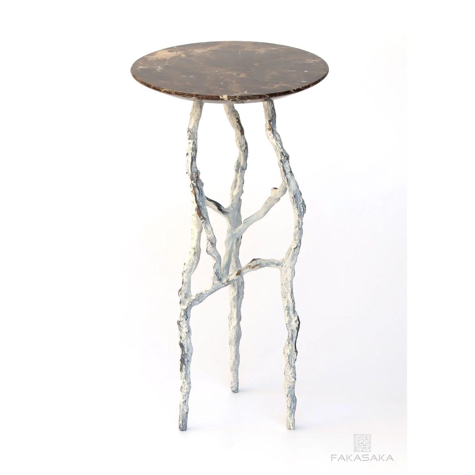 Alexia 3 drink table with Marrom Imperial Marble top by Fakasaka Design
Dimensions: W 30 cm, D 30 cm, H 60 cm.
Materials: off white bronze base, Marrom Imperial marble top.
 
Also available in different table top materials:
Nero Marquina Marble