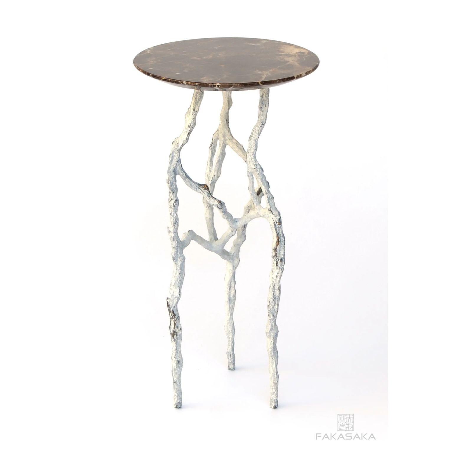 Brazilian Alexia 3 Drink Table with Marrom Imperial Marble Top by Fakasaka Design For Sale