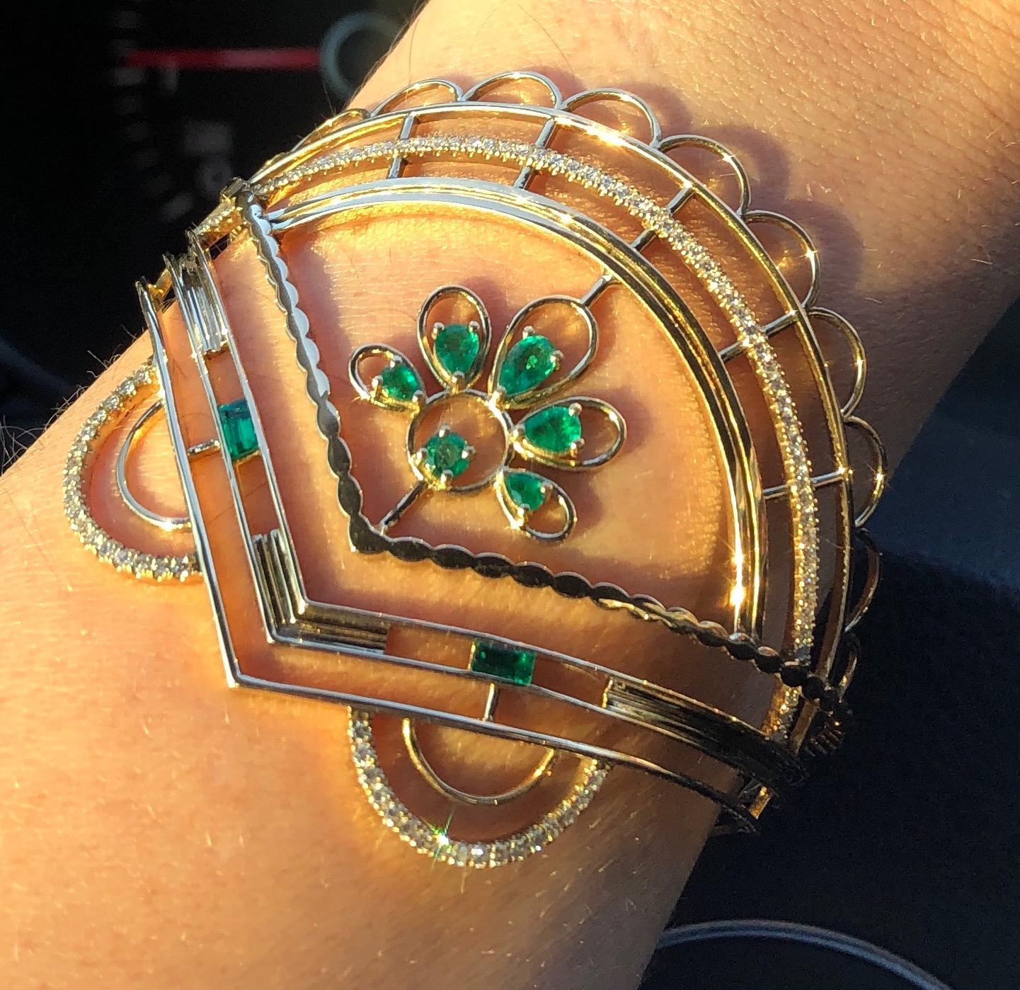 Contemporary Alexia Gryllaki Haute Bohème 18 Karat Gold Cuff with Emeralds and Diamonds