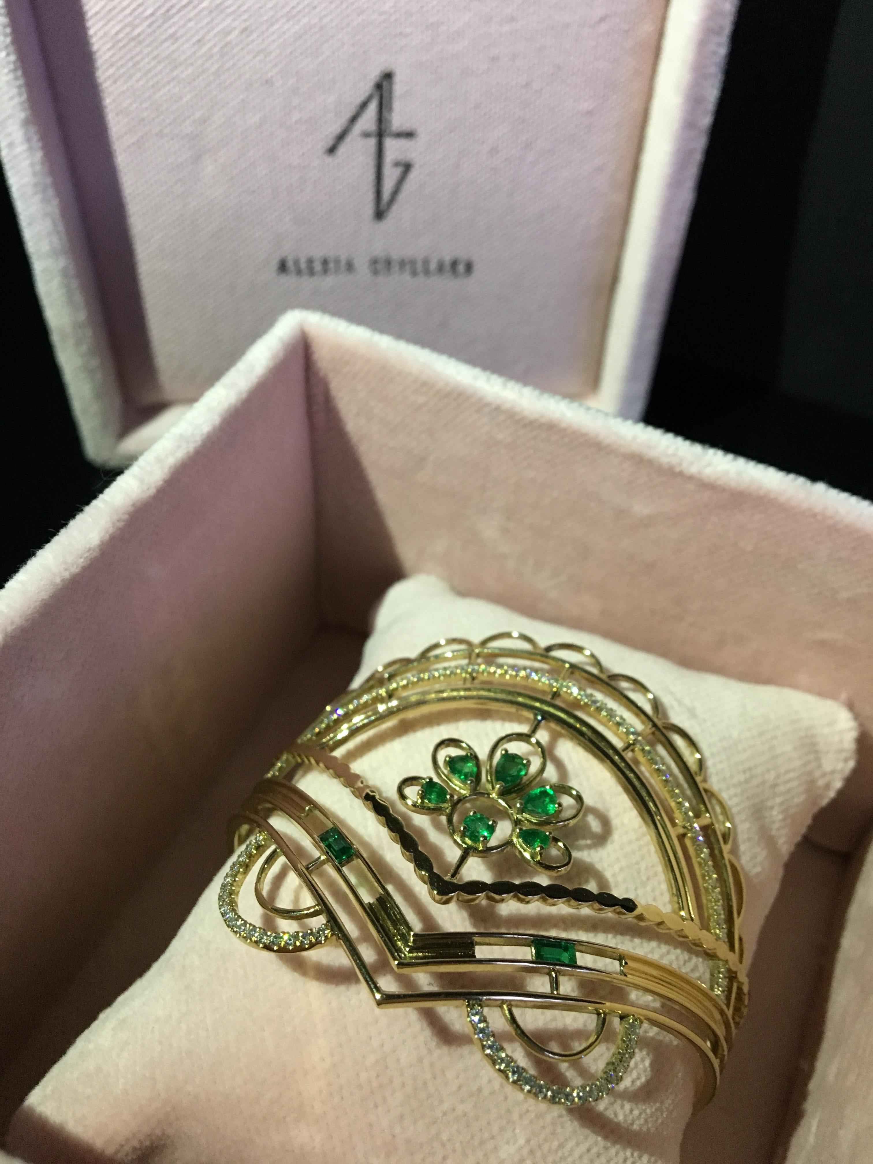 Pear Cut Alexia Gryllaki Haute Bohème 18 Karat Gold Cuff with Emeralds and Diamonds
