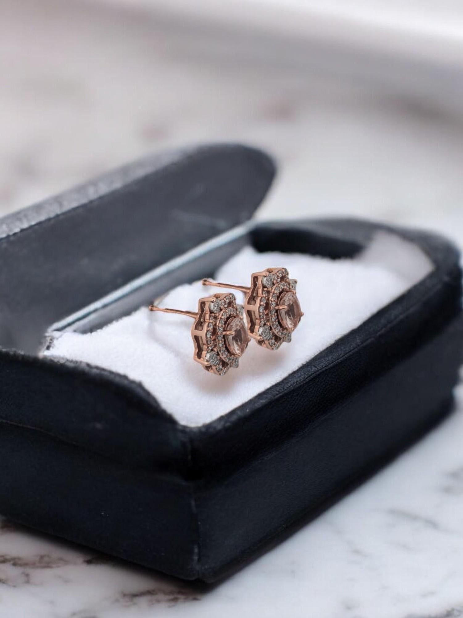 Artisan Alexis  14K Rose Gold Earrings with 1.00ctw Morganite & 0.39ctw Diamonds For Sale