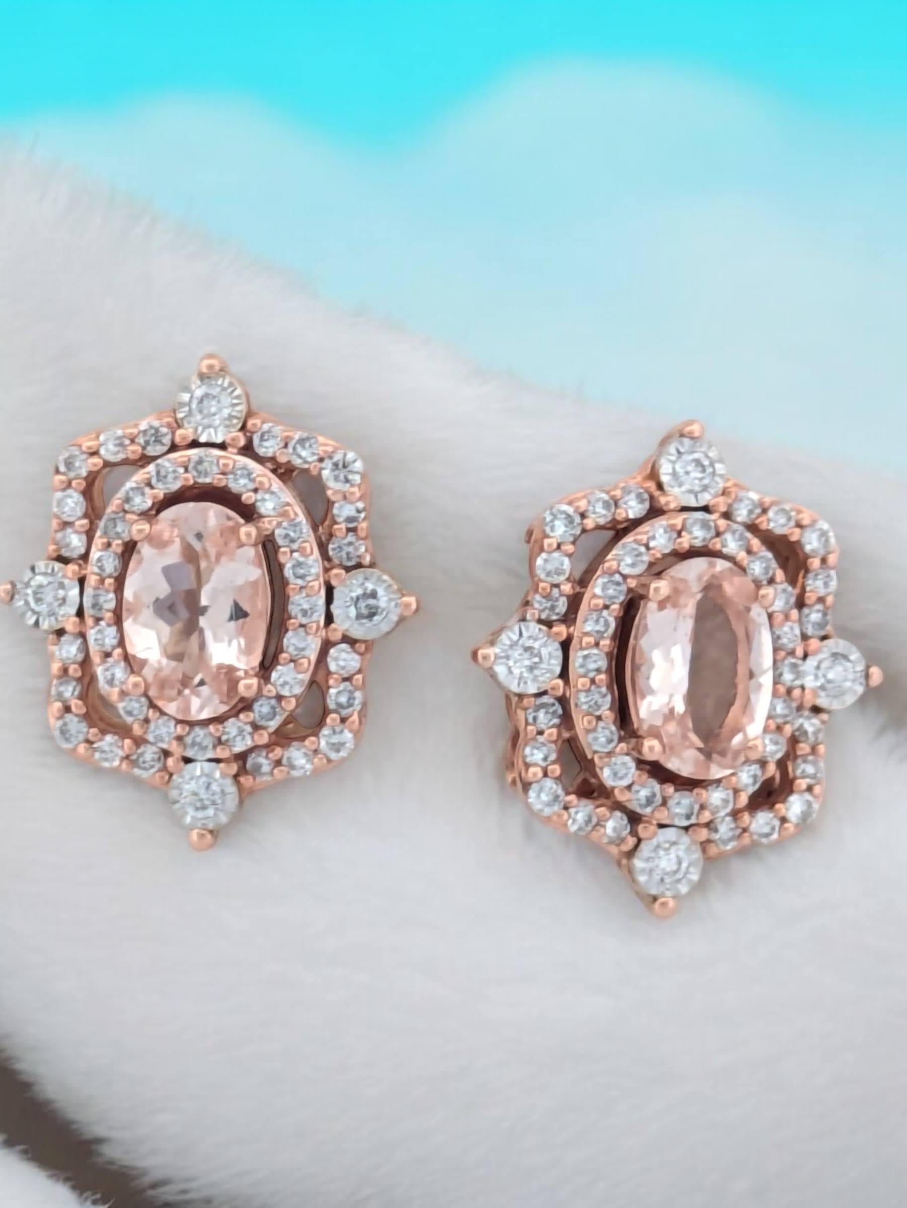 Round Cut Alexis  14K Rose Gold Earrings with 1.00ctw Morganite & 0.39ctw Diamonds For Sale