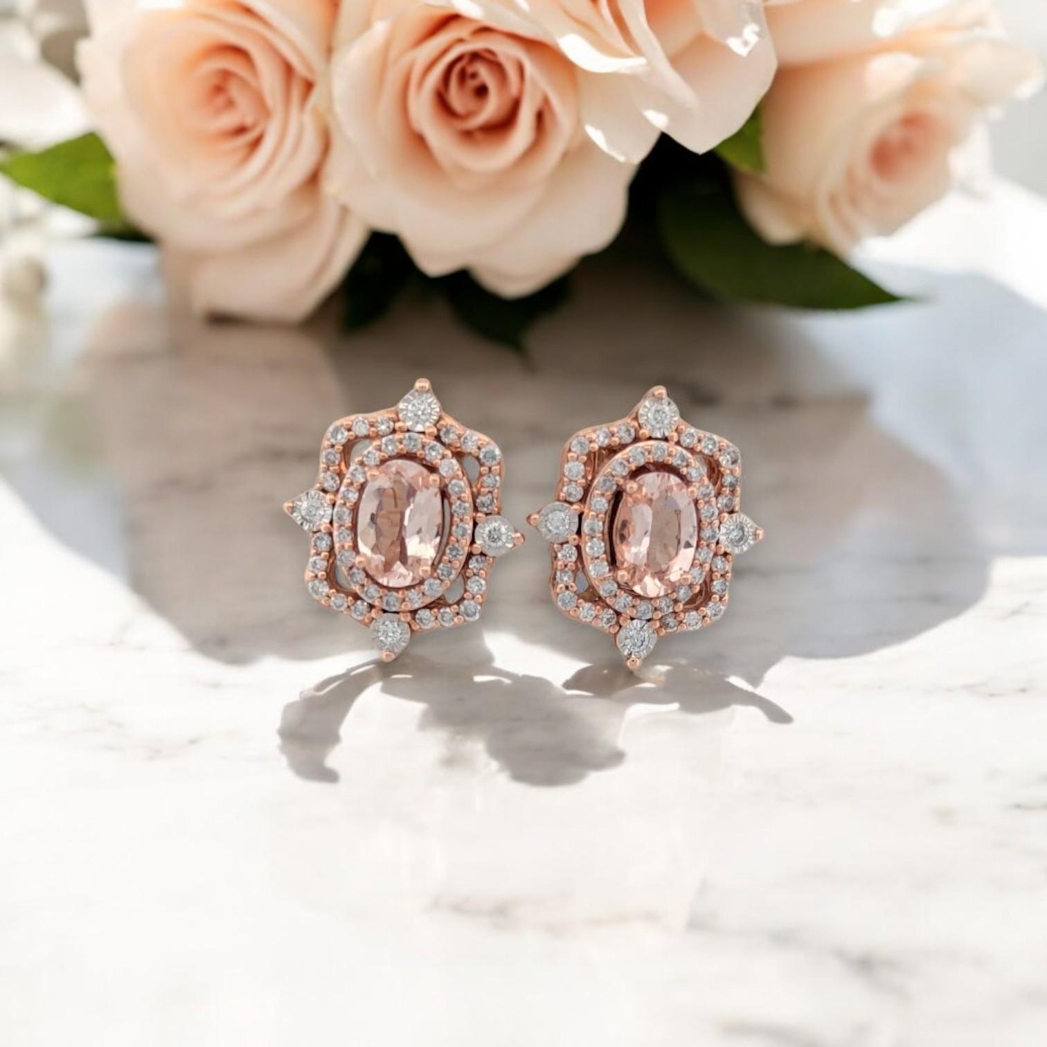 Alexis  14K Rose Gold Earrings with 1.00ctw Morganite & 0.39ctw Diamonds In New Condition For Sale In Greeneville, TN