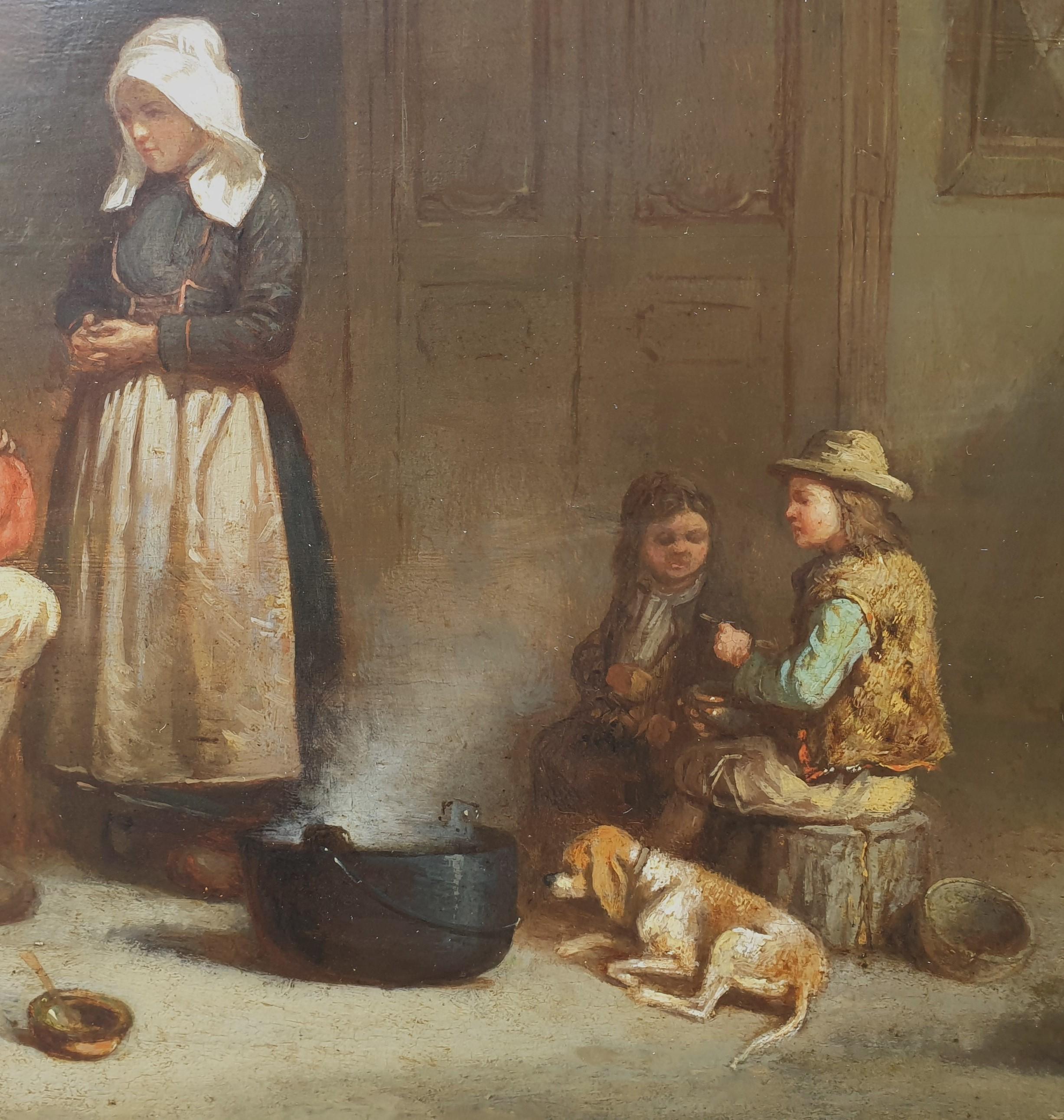 Peinture DARCY-DUMOULIN Bretagne paysans intérieur enfants poupée française 19ème - Romantique Painting par Alexis Auguste DARCY-DUMOULIN