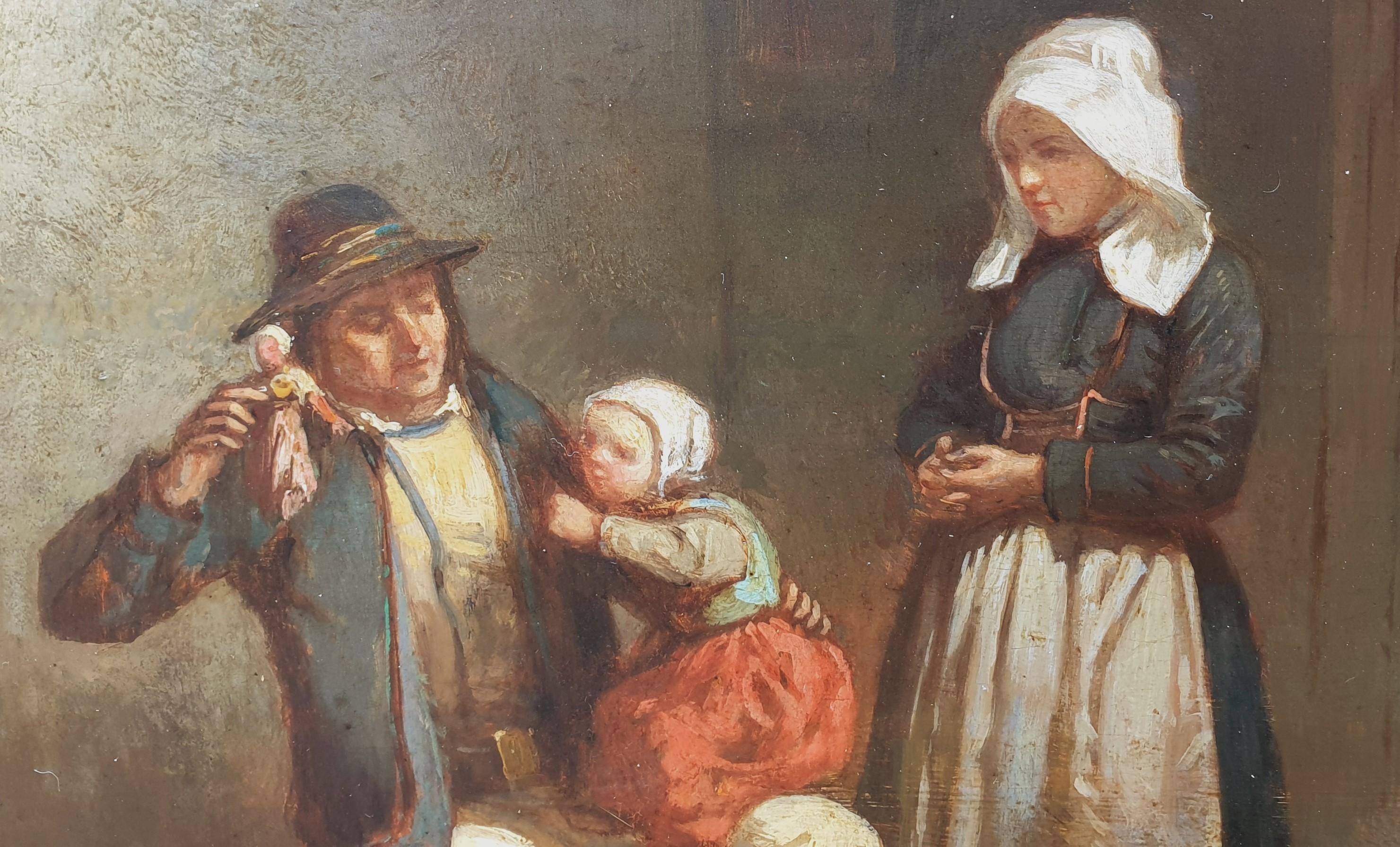 Peinture DARCY-DUMOULIN Bretagne paysans intérieur enfants poupée française 19ème - Marron Interior Painting par Alexis Auguste DARCY-DUMOULIN