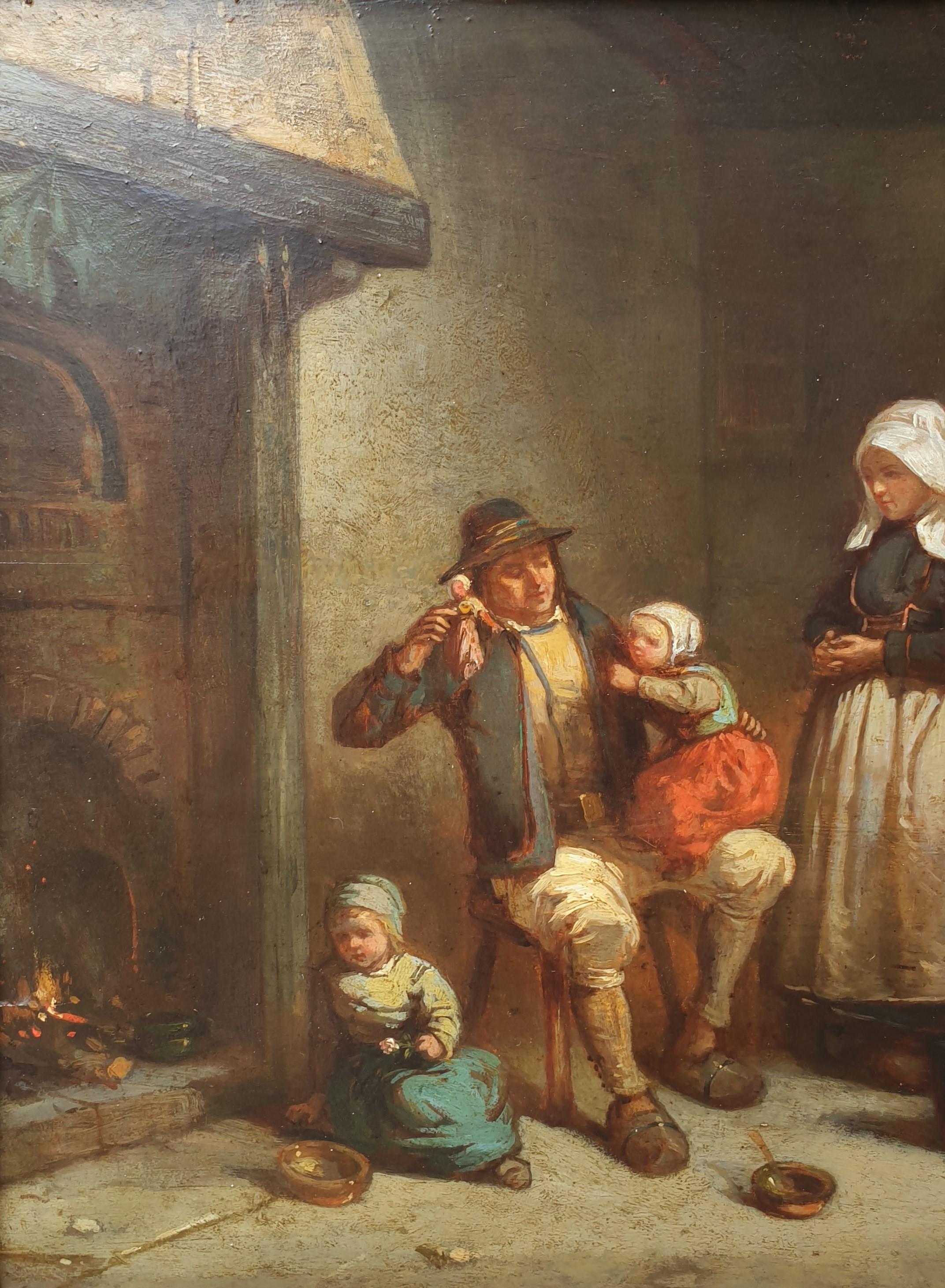 Peinture DARCY-DUMOULIN Bretagne paysans intérieur enfants poupée française 19ème 2