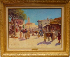 "Mercato algerino" Antico dipinto a olio orientalista di una strada della città nordafricana