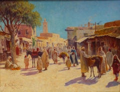 Alexis Auguste Delahogue - "Algerian Market" Antique Orientalist Oil Painting of North African City Street "Algerian Market" Antique Orientalist Oil Painting of North African City Street