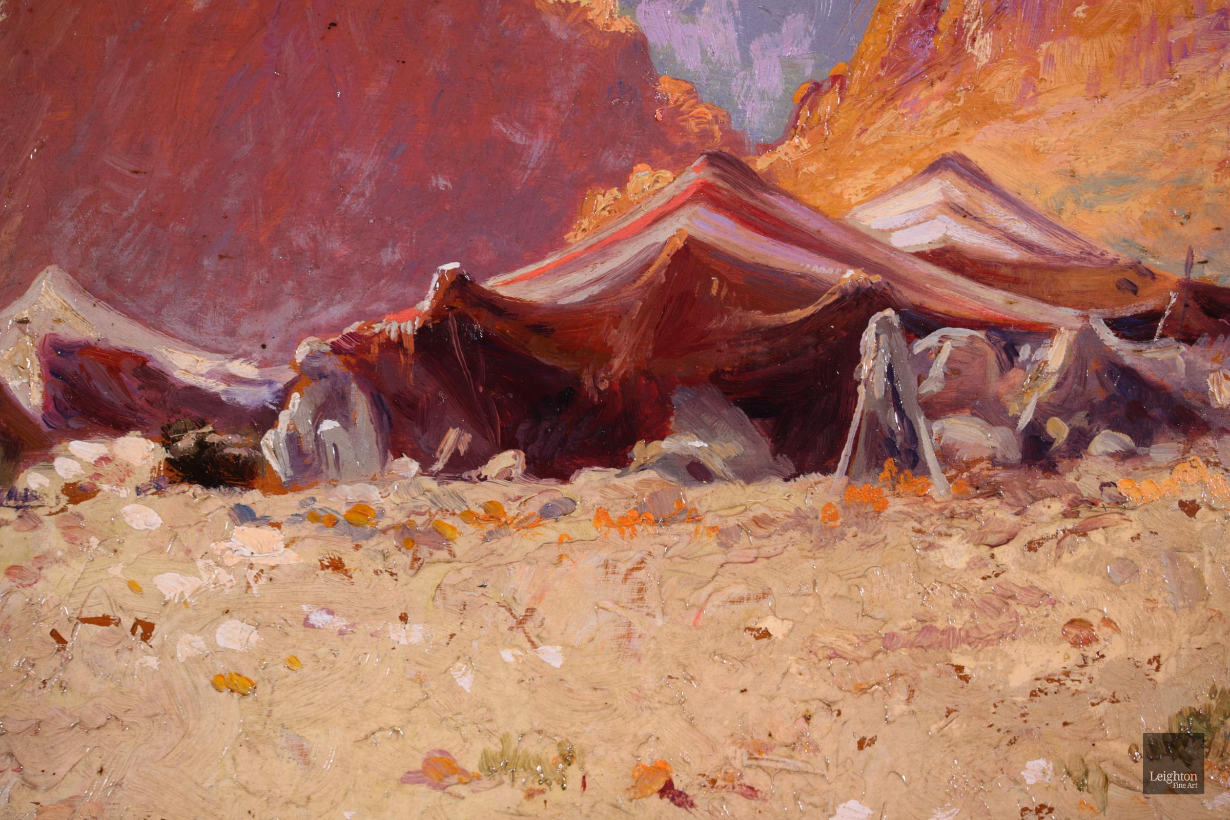 Bedouin Camp, Algeria - Orientalist Oil, Figure in Landscape by Alexis Delahogue 4
