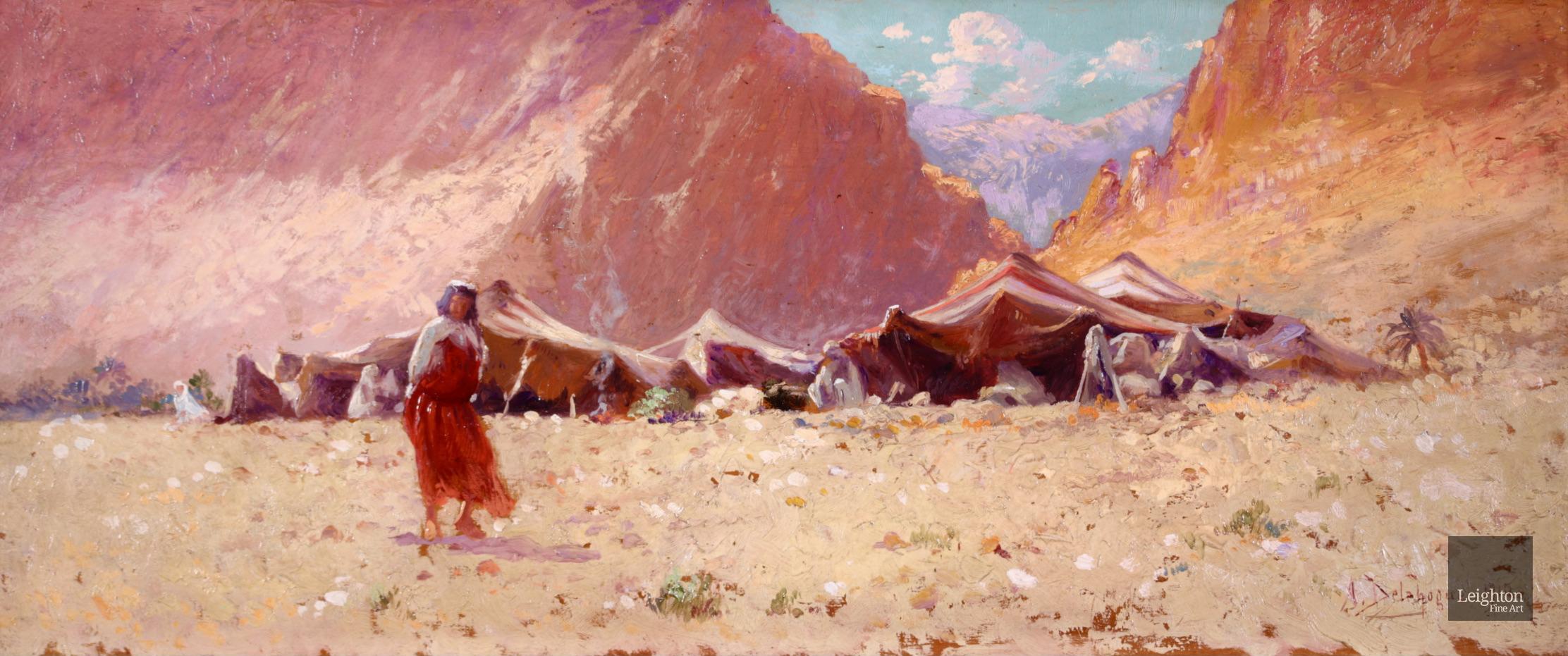 Bedouin Camp, Algeria - Orientalist Oil, Figure in Landscape by Alexis Delahogue - Painting by Alexis Auguste Delahogue