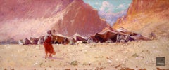 Camp Bedouin, Algérie - Huile orientaliste, Figure dans un paysage d'Alexis Delahogue