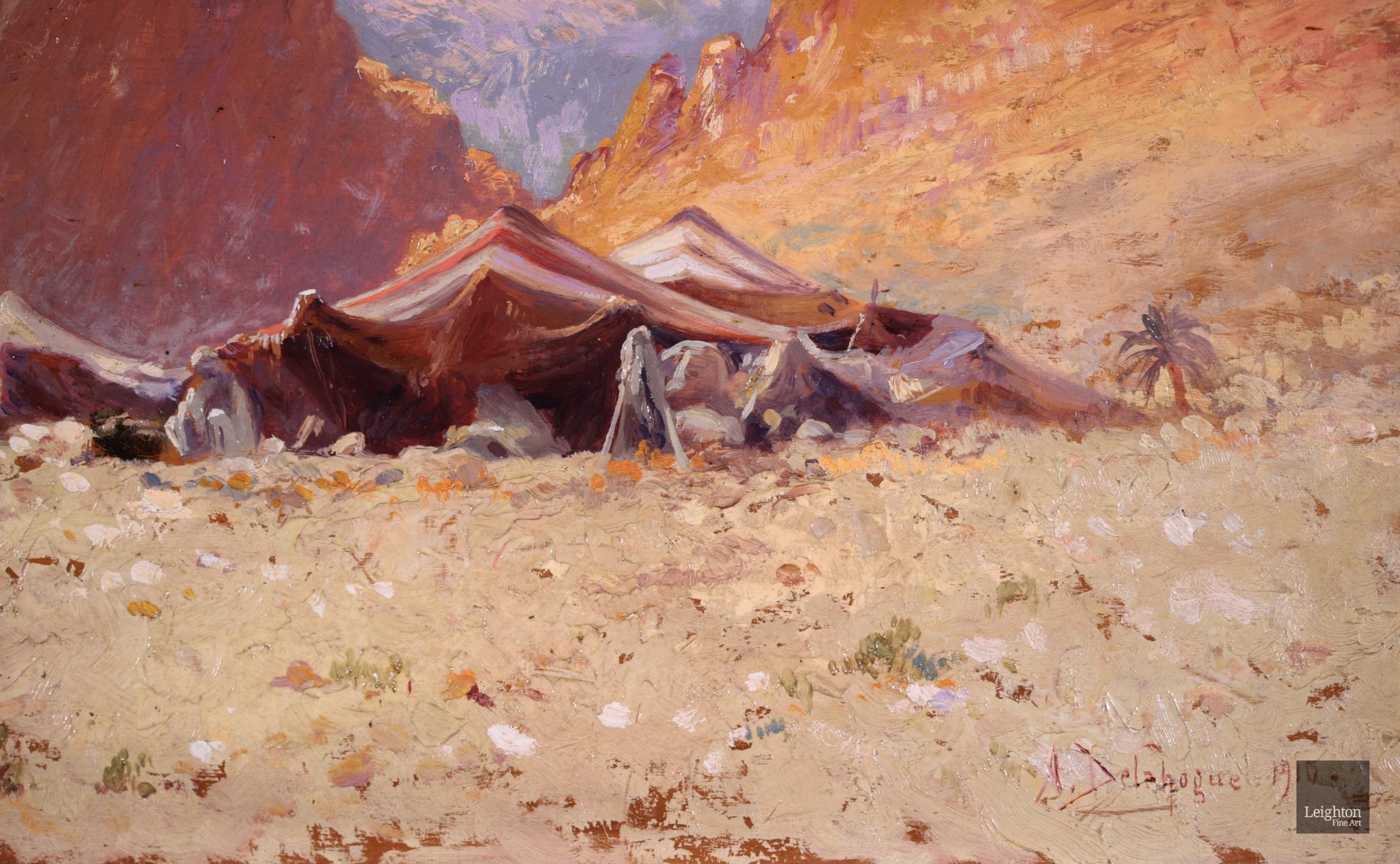 Bedouin Camp, Algeria - Orientalist Oil, Figure in Landscape by Alexis Delahogue - Impressionist Painting by Alexis Auguste Delahogue