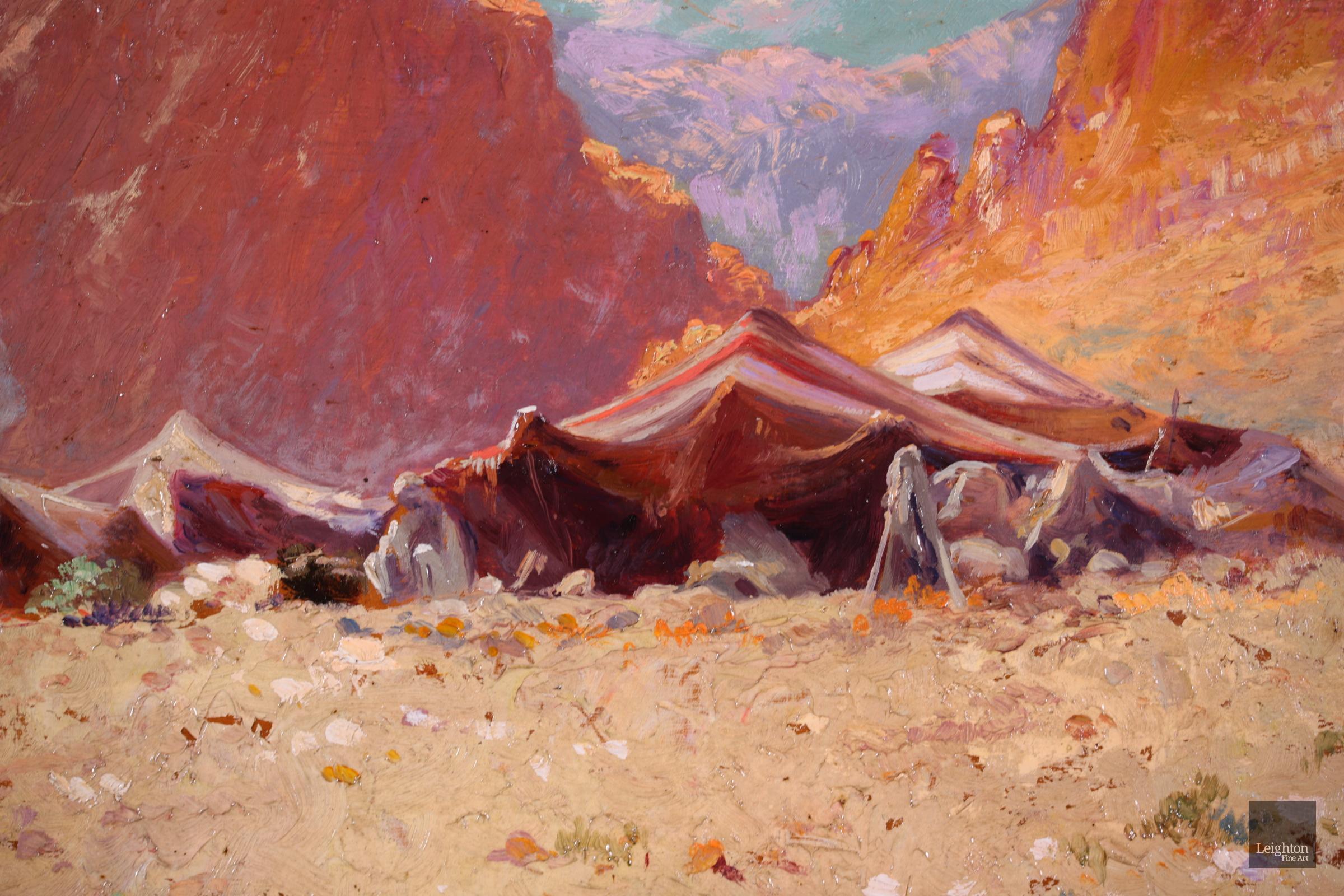Bedouin Camp, Algeria - Orientalist Oil, Figure in Landscape by Alexis Delahogue - Brown Figurative Painting by Alexis Auguste Delahogue
