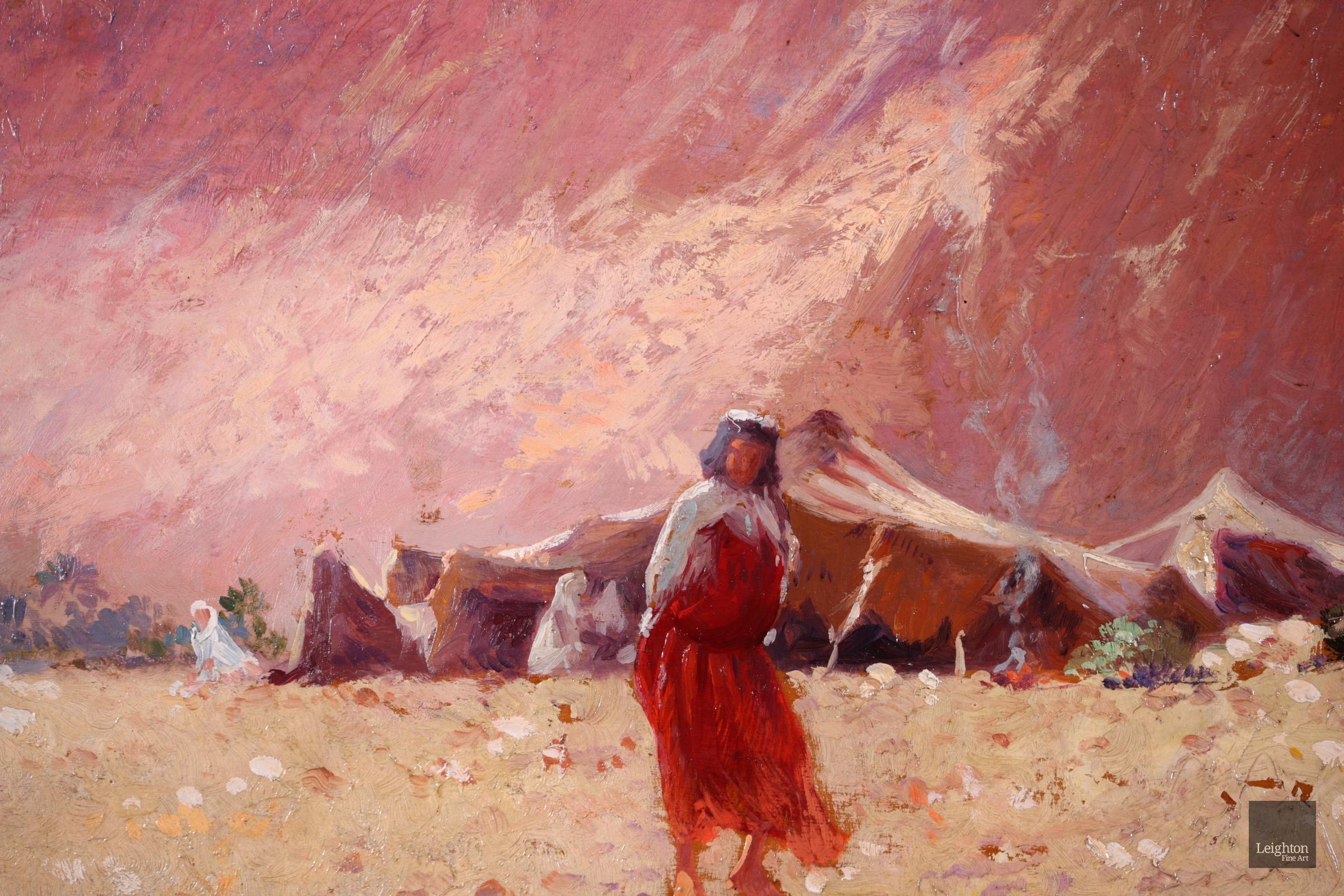 Bedouin Camp, Algeria - Orientalist Oil, Figure in Landscape by Alexis Delahogue 1