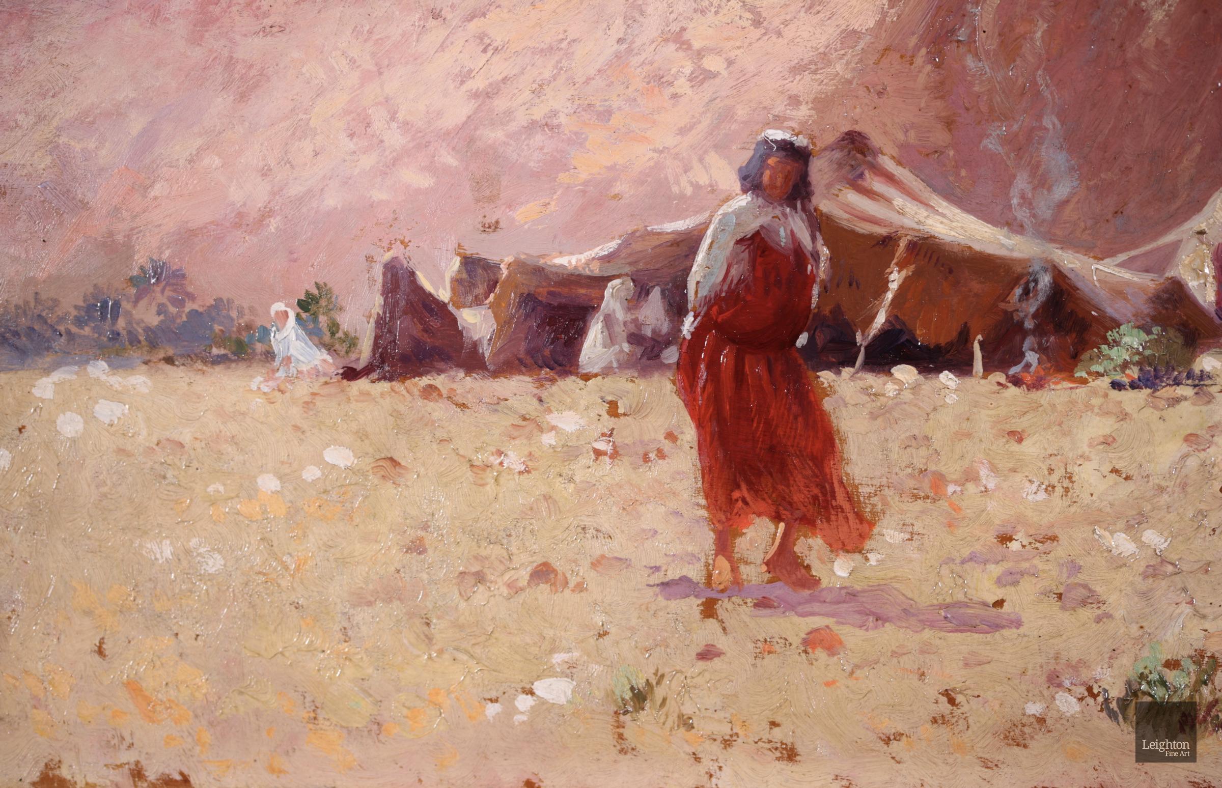 Bedouin Camp, Algeria - Orientalist Oil, Figure in Landscape by Alexis Delahogue 2