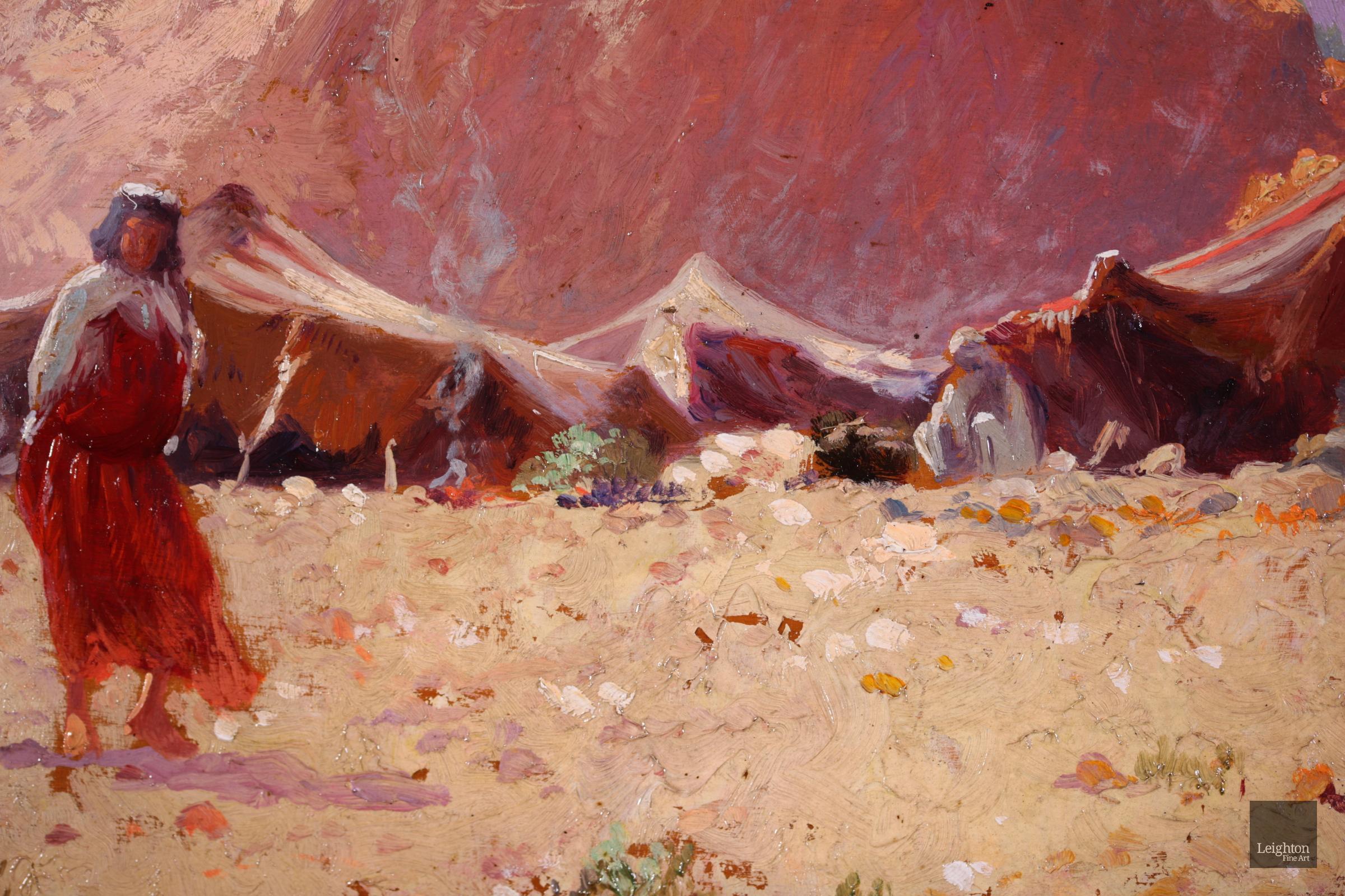 Bedouin Camp, Algeria - Orientalist Oil, Figure in Landscape by Alexis Delahogue 3